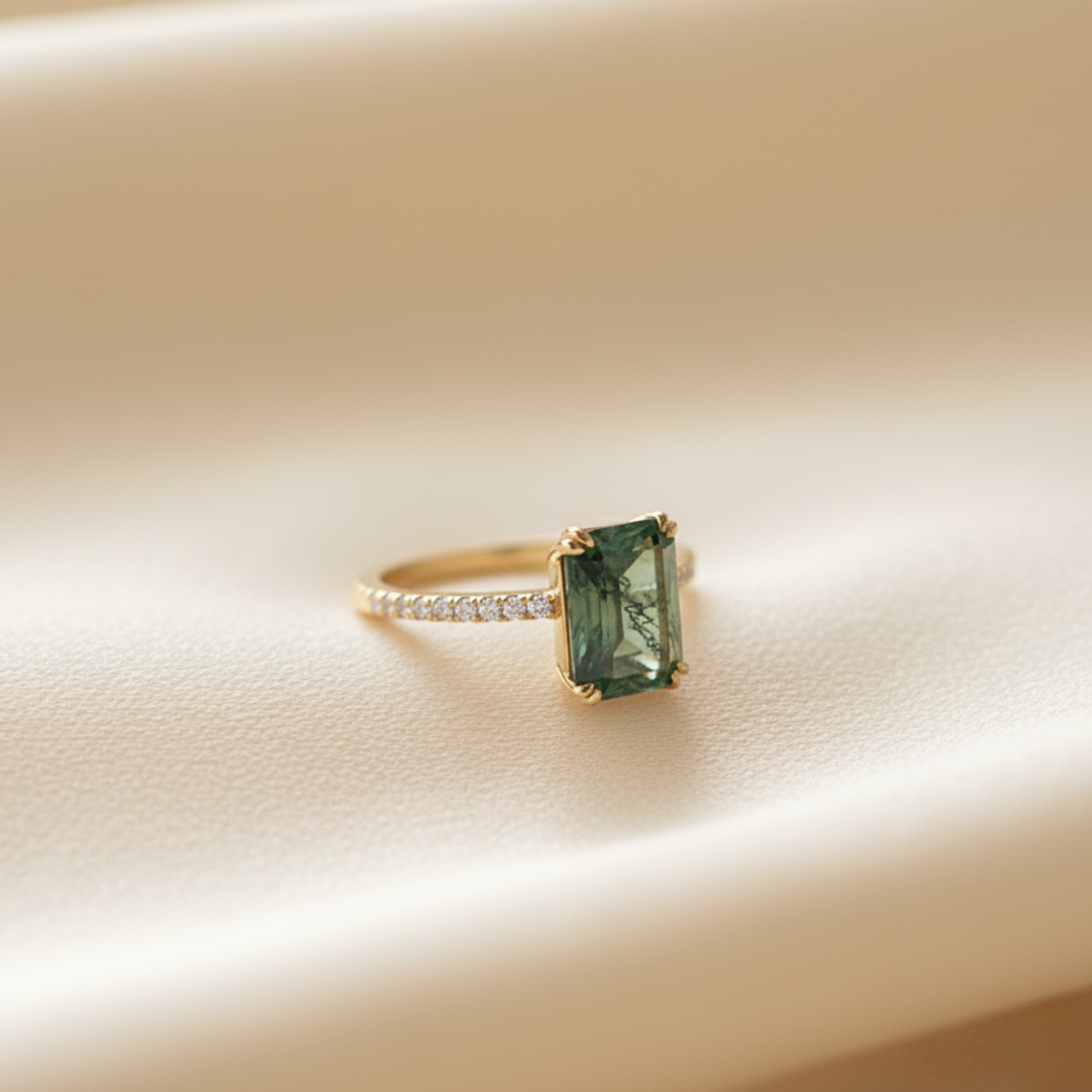 Unique Vintage Emerald Cut Moss Agate Ring Solid 14k Yellow Gold Promise Ring Art Deco Bezel Setting Engagement Ring Bridal Jewelry Gift