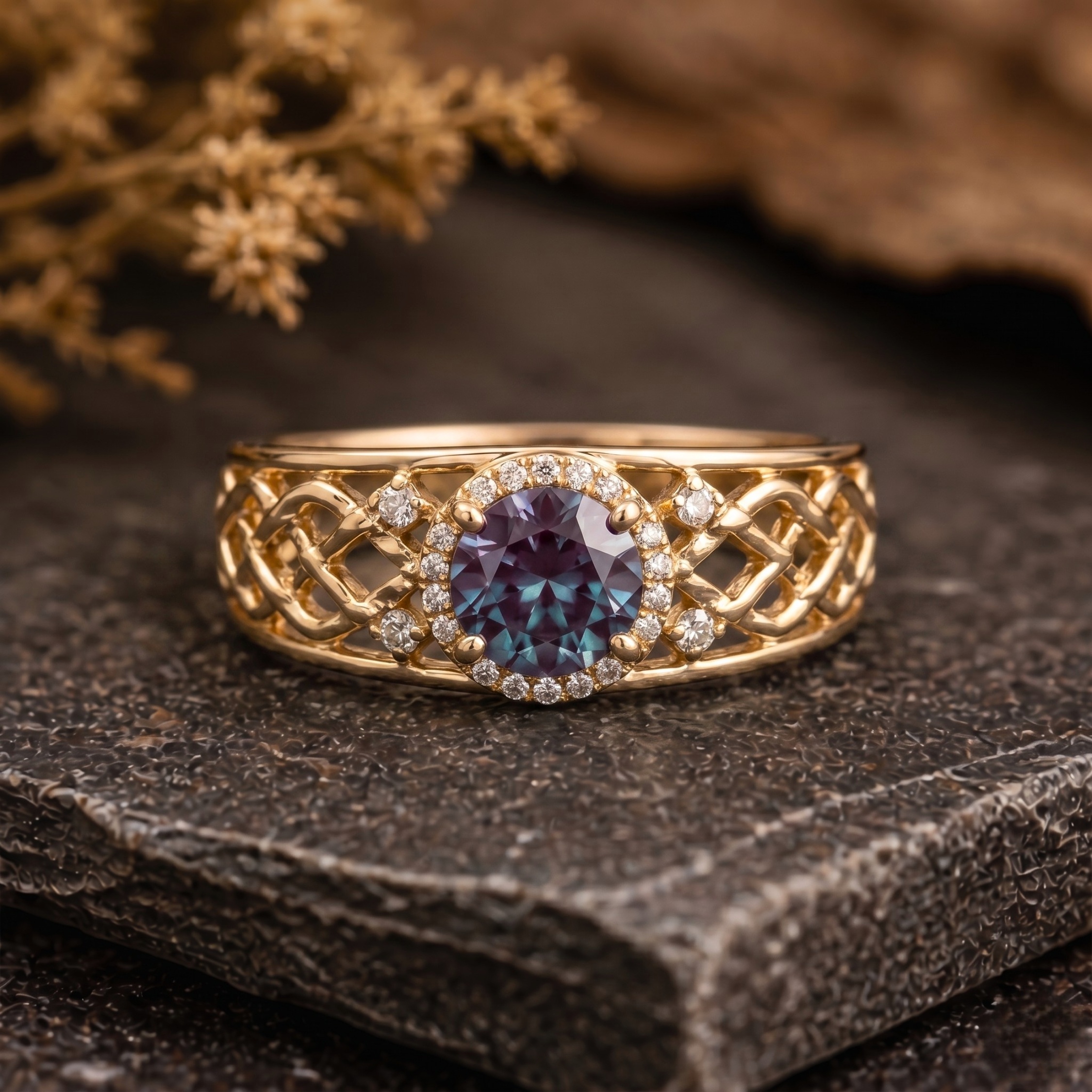 Vintage Round Cut Alexandrite Engagement Ring, 14k Gold Wide Band June Birthstone Wedding Men's Ring Unisex Jewelry Promise Anniversary Gift
