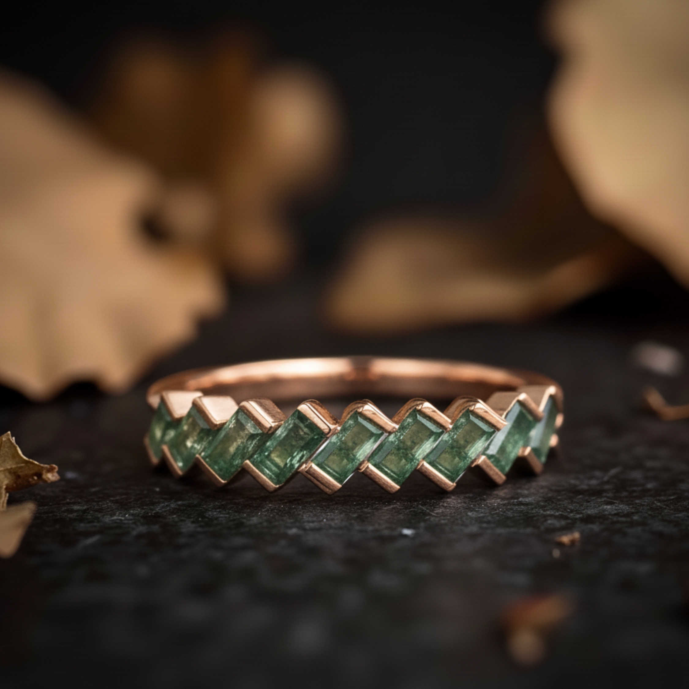 Vintage Baguette Cut Moss Agate Wedding Band Unique Rose Gold Engagement Ring Minimalist Half Eternity Bridal Matching Promise Band For Her