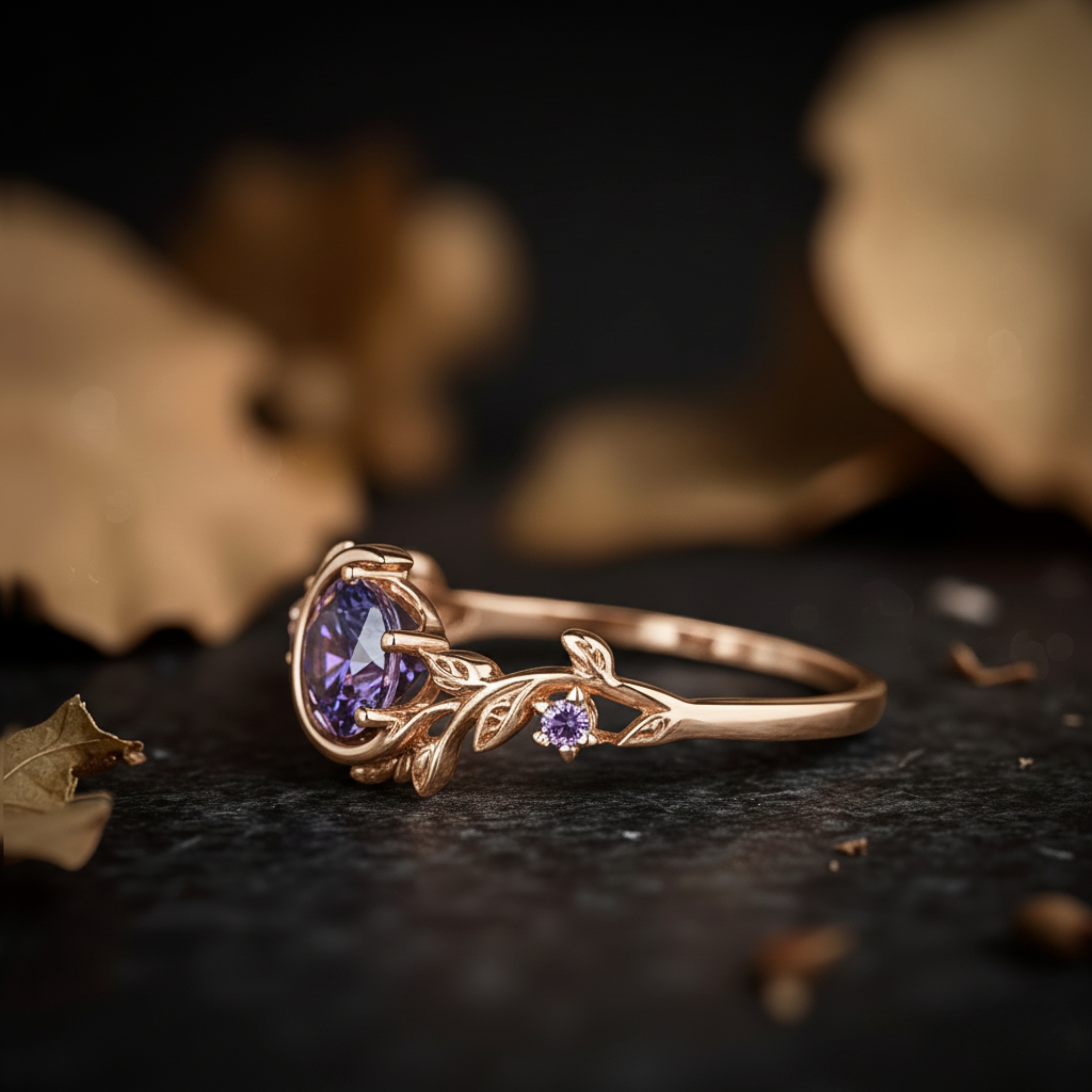 Unique Round Alexandrite Ring 14KRose Gold Twig Leaf Vine Crescent Moon Star Cluster Engagement Ring June Birthstone Purple Anniversary Gift