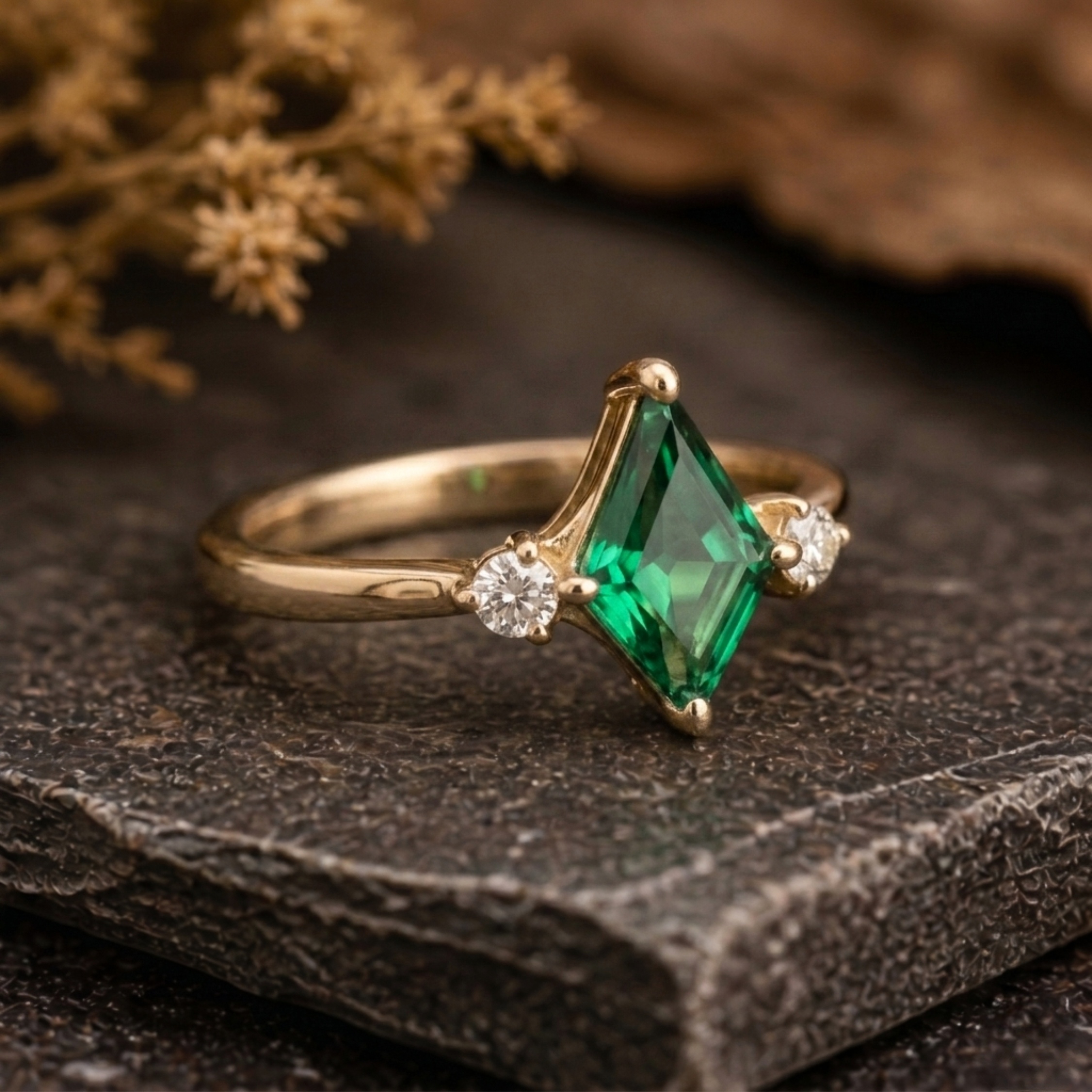 Unique Kite Cut Emerald Ring, 14k Gold Dainty Three Stone Engagement Ring, Moissanite Bridal Matching Jewelry Anniversary Birthday Gift Ring