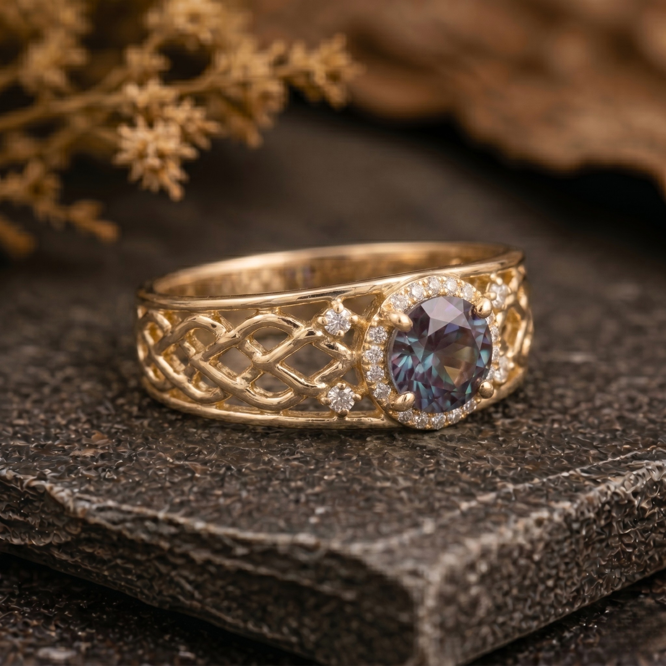 Vintage Round Cut Alexandrite Engagement Ring, 14k Gold Wide Band June Birthstone Wedding Men's Ring Unisex Jewelry Promise Anniversary Gift
