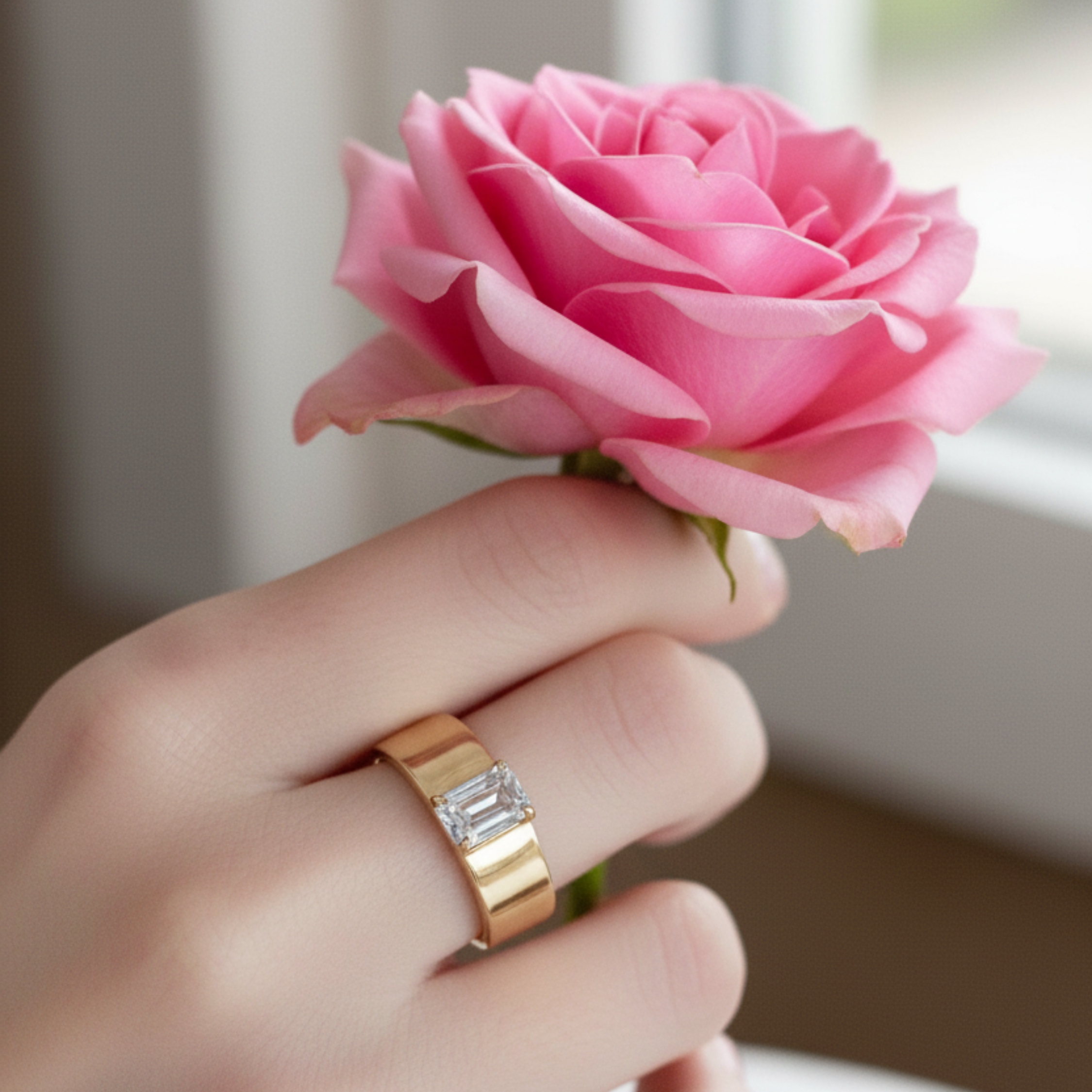 Emerald Cut Moissanite Gemstone Ring, Vintage 14k Solid Gold Solitaire Thick Wide Band Engagement Ring, Gift April Birthstone Gift For Her