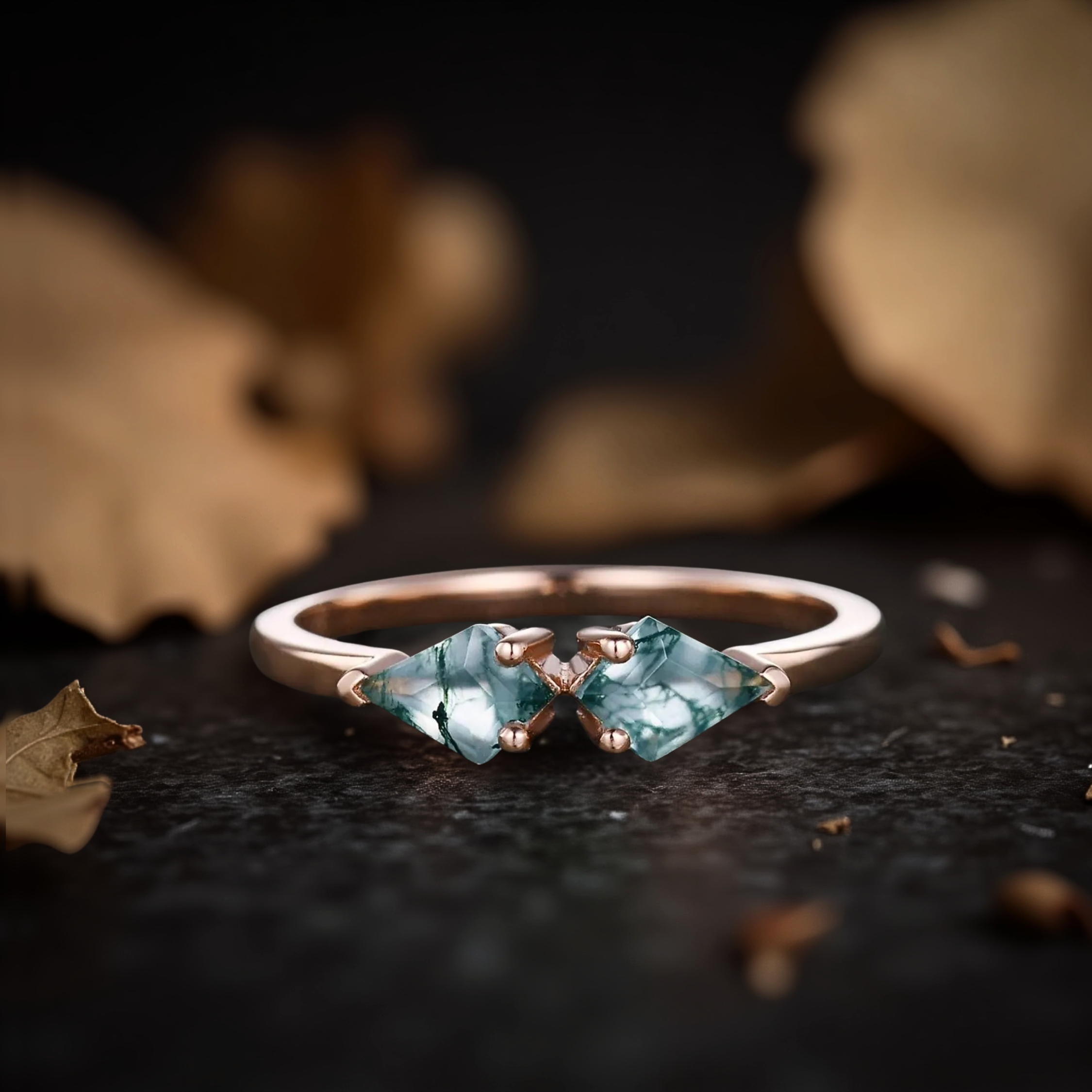 Unique Natural Kite Cut Green Moss Agate Engagement Ring, 14k Yellow gold Wedding Ring For Women, Vintage Bridal Jewelry, Anniversary Gift