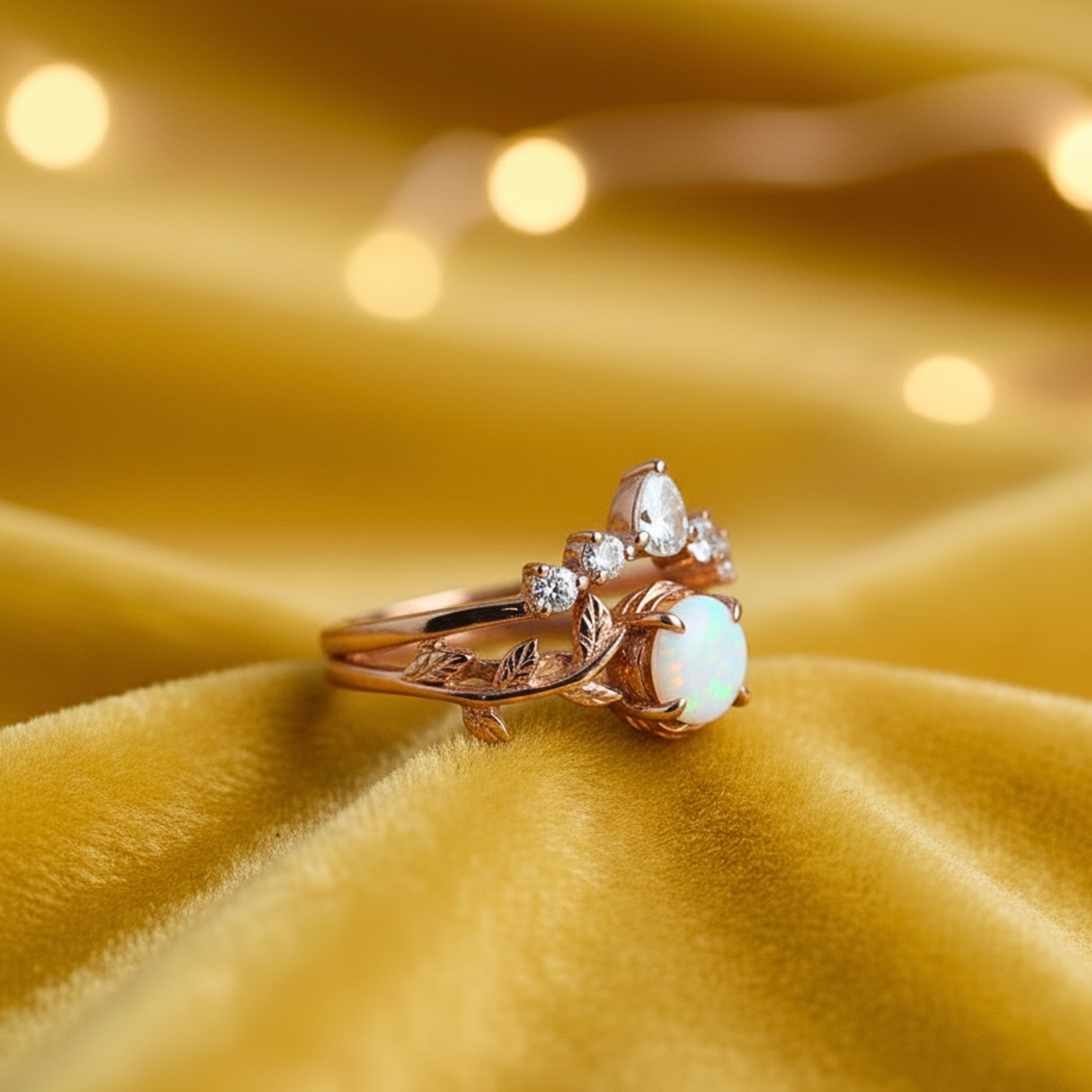 Vintage Opal Engagement Ring, 14K Rose Gold Round Opal Wedding Ring Set, Unique White Opal Promise Ring October Birthstone Ring Gift For Her