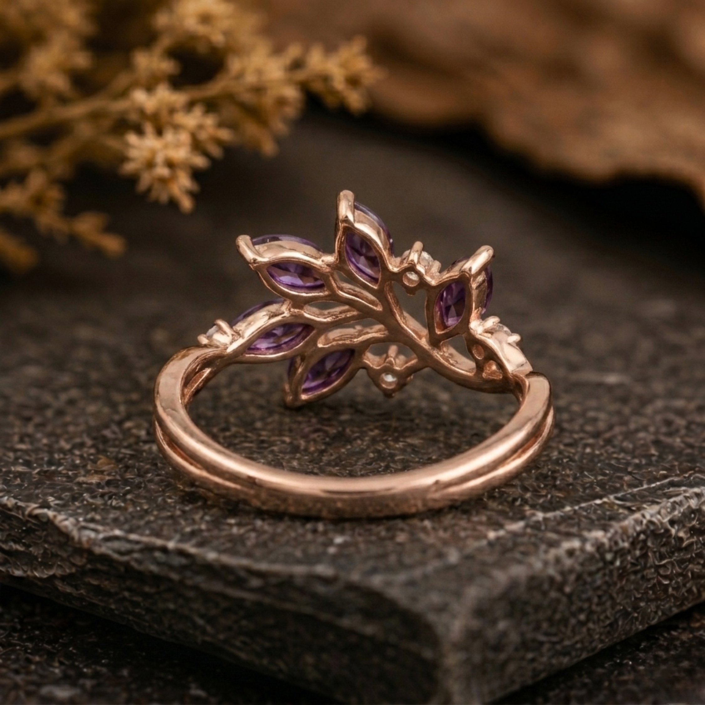 Vintage Purple Amethyst Engagement Ring, Amethyst 14K Wedding Ring, Bohemian Nature Inspired Engagement Ring, Diamond Ring, Anniversary Gift