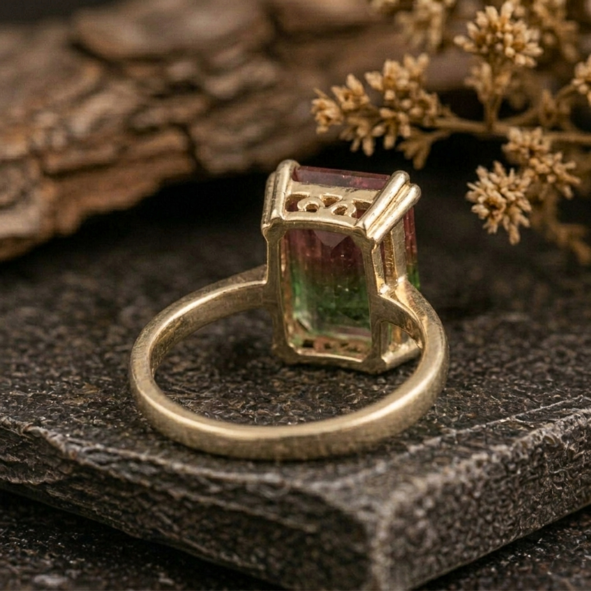 Emerald Cut Watermelon Tourmaline Ring, Bi-Color Pink/Green Engagement Ring, Art Deco Minimalist Wedding Ring Anniversary Birthday Gift Ring