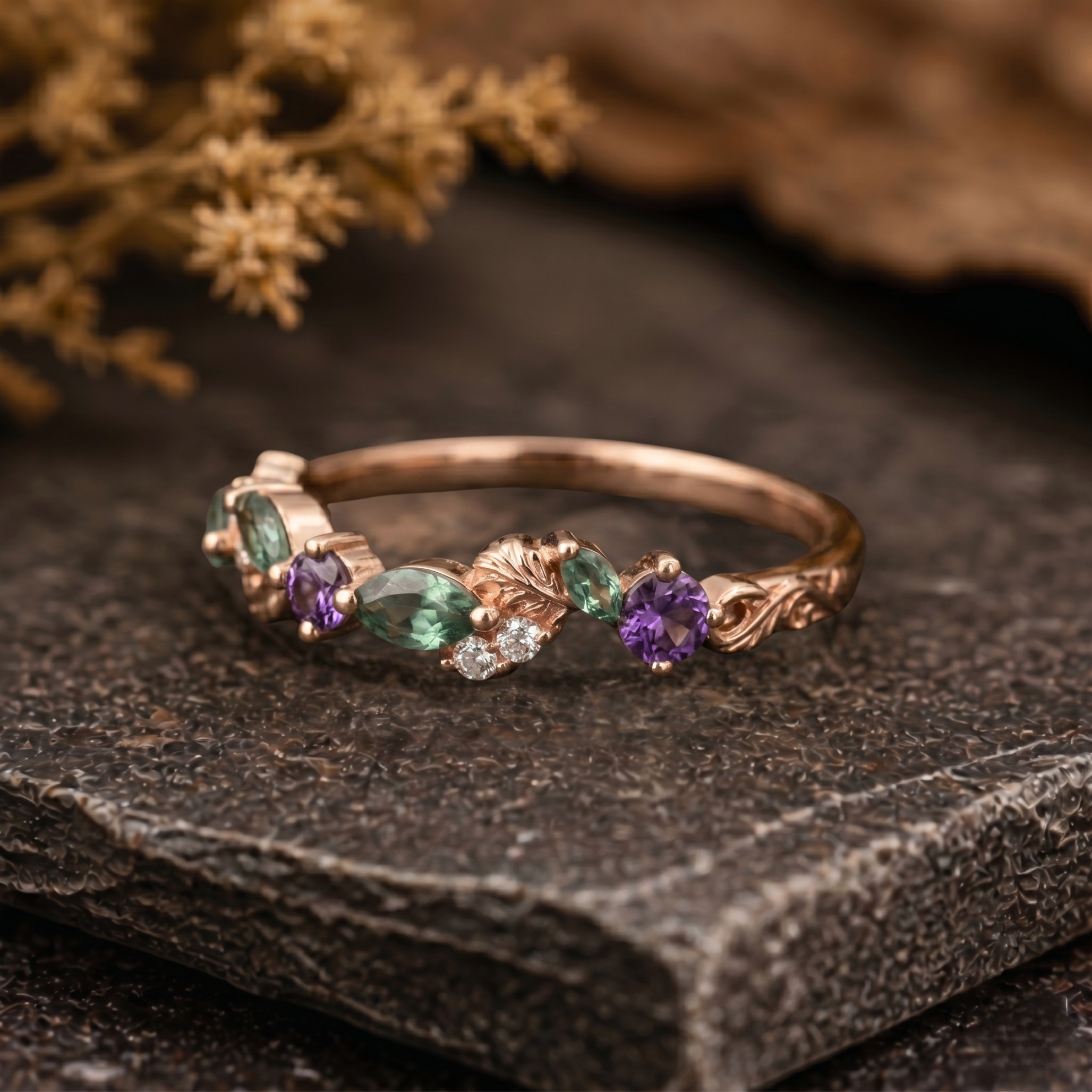 Marquise Emerald Wedding band, 14K Gold 3 Stone Alexandrite Moissanite Engagement Band, Dainty Leaf Promise ring, Anniversary Birthday Gifts