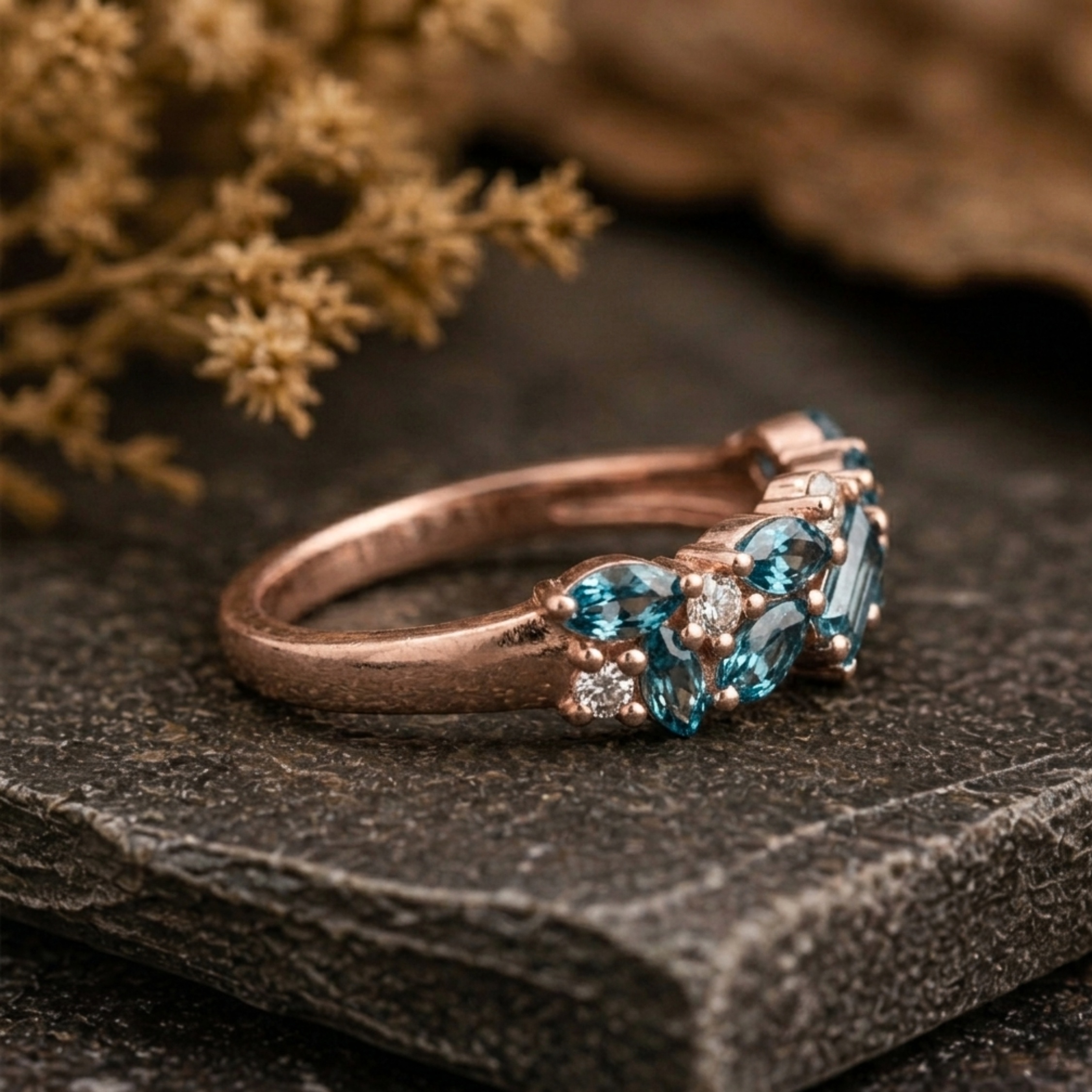 Marquise Cut Teal Sapphire Eternity Wedding Band 14k Gold Baguette Cut Moissanite Cluster Matching Engagement Ring, Anniversary Promise Gift