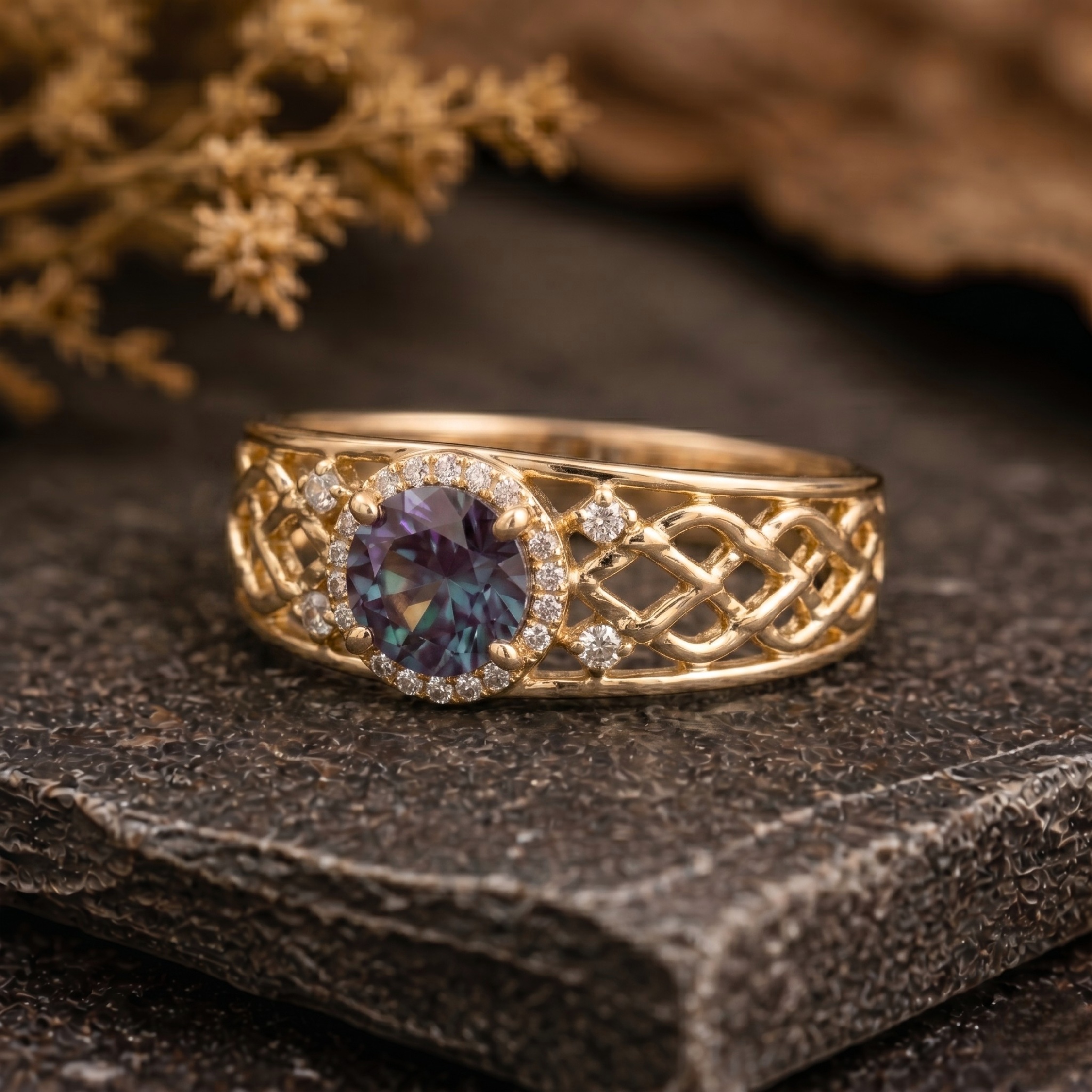 Vintage Round Cut Alexandrite Engagement Ring, 14k Gold Wide Band June Birthstone Wedding Men's Ring Unisex Jewelry Promise Anniversary Gift