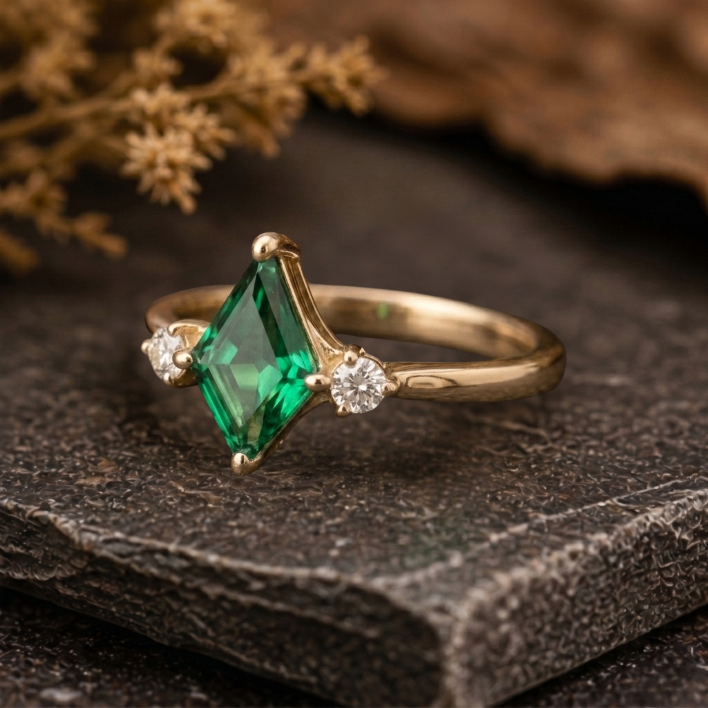 Unique Kite Cut Emerald Ring, 14k Gold Dainty Three Stone Engagement Ring, Moissanite Bridal Matching Jewelry Anniversary Birthday Gift Ring