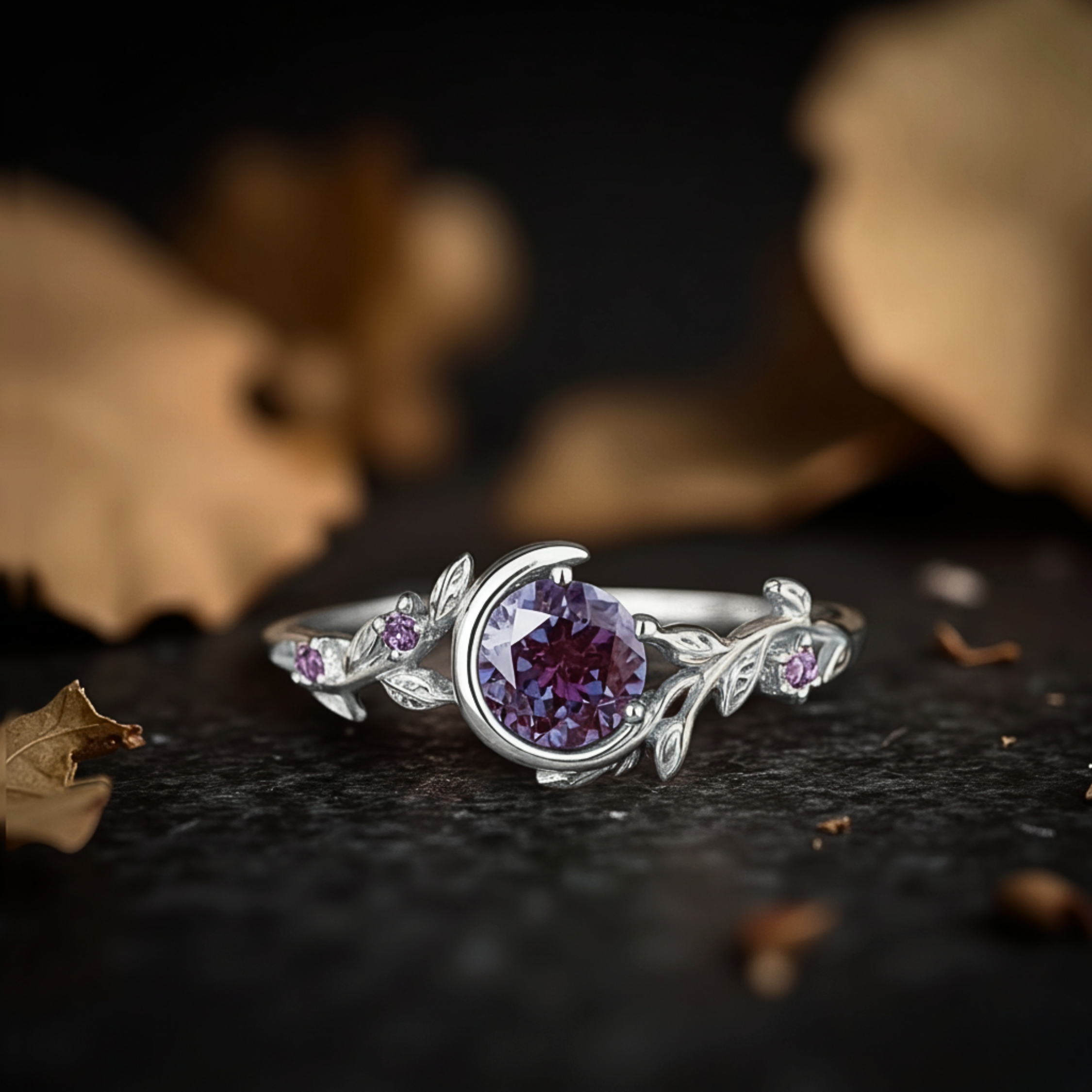 Unique Round Alexandrite Ring 14KRose Gold Twig Leaf Vine Crescent Moon Star Cluster Engagement Ring June Birthstone Purple Anniversary Gift