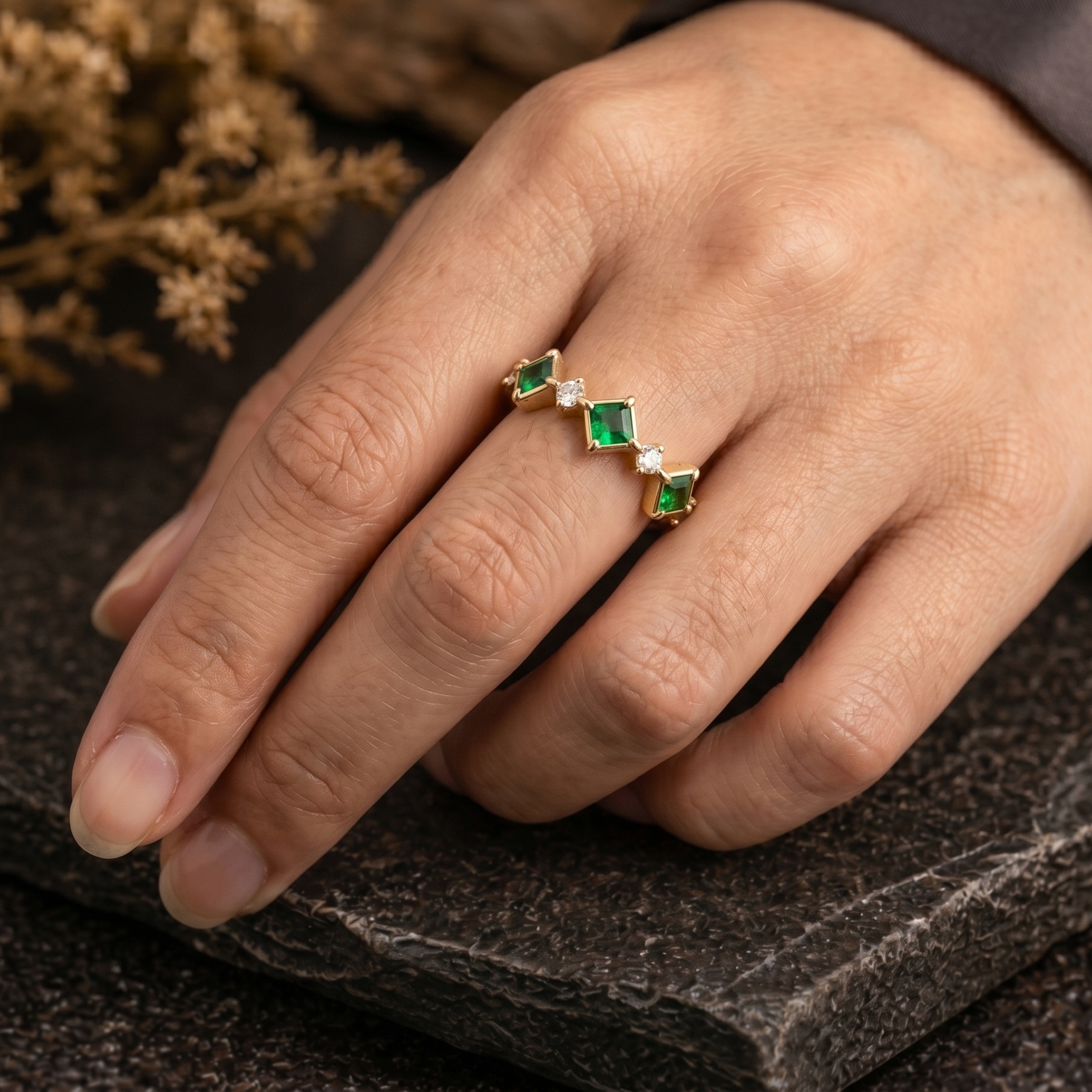 Unique Square Cut Emerald Moissanite Wedding Band/14k Yellow Gold Engagement Ring/Cluster Green Gemstone Matching Anniversary Promise Gift