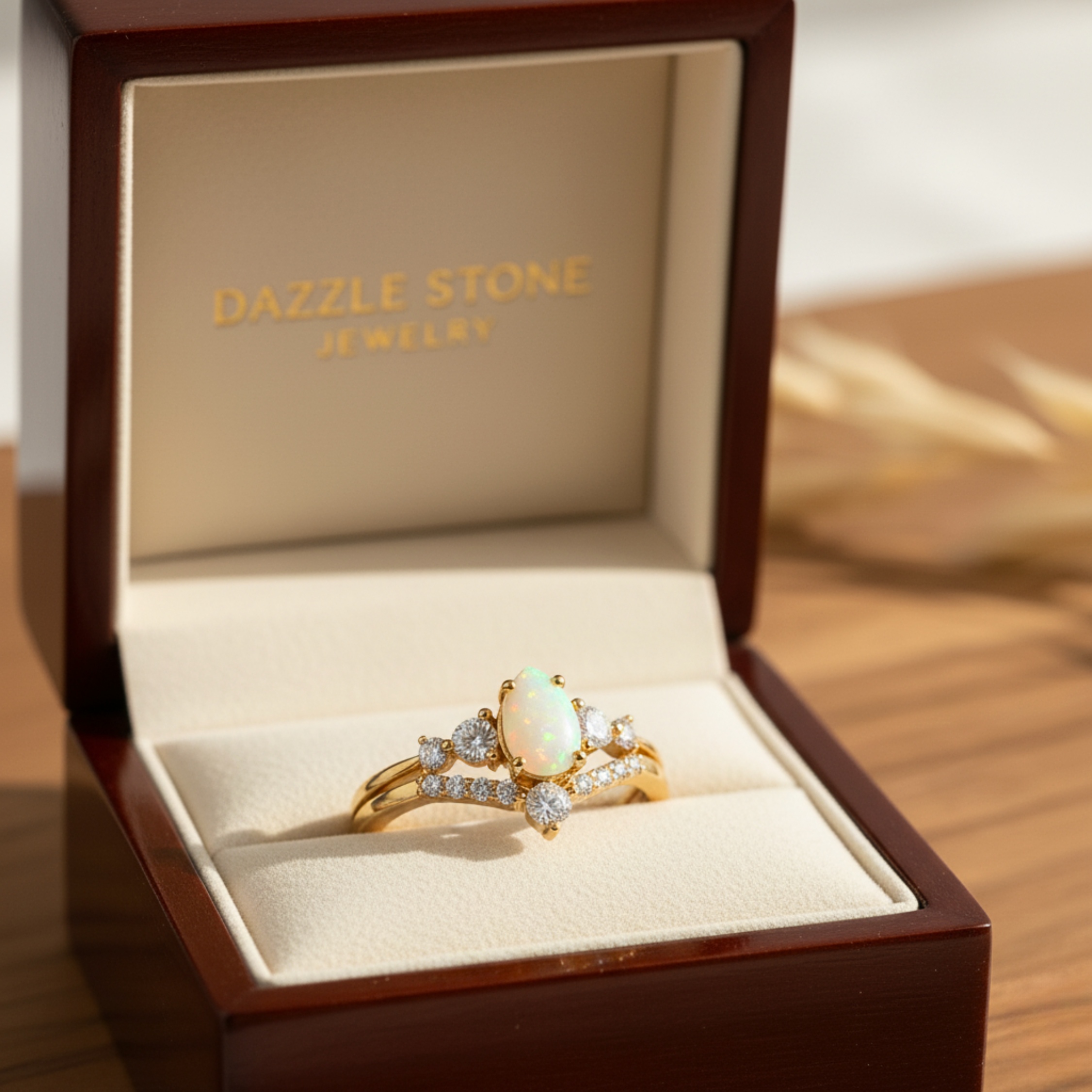Natural Pear Cut Opal Engagement Ring Set 14K Gold Vermeil Wedding Bridal Ring October Birthstone Ring Alternative Engagement Gift For Women