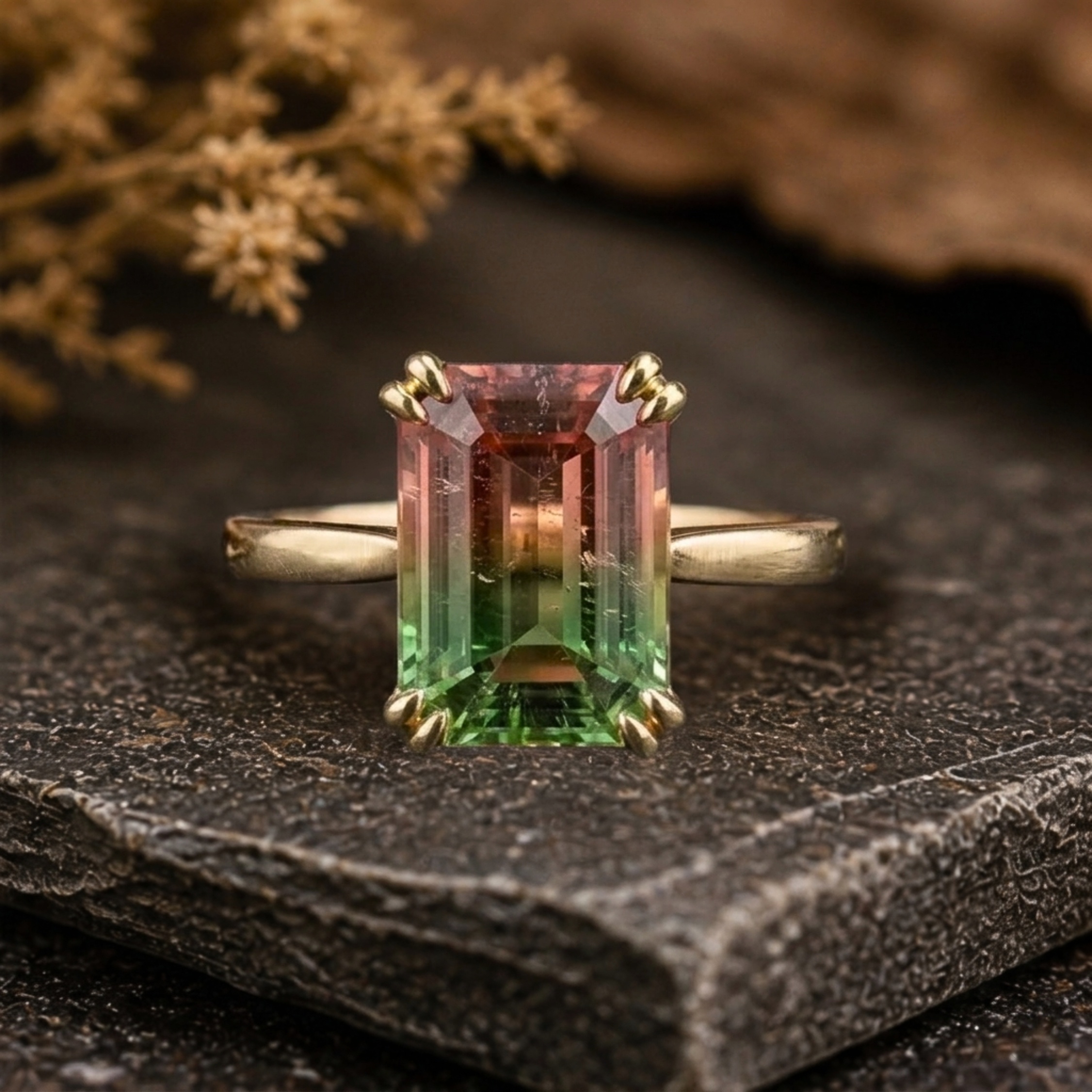 Emerald Cut Watermelon Tourmaline Ring, Bi-Color Pink/Green Engagement Ring, Art Deco Minimalist Wedding Ring Anniversary Birthday Gift Ring