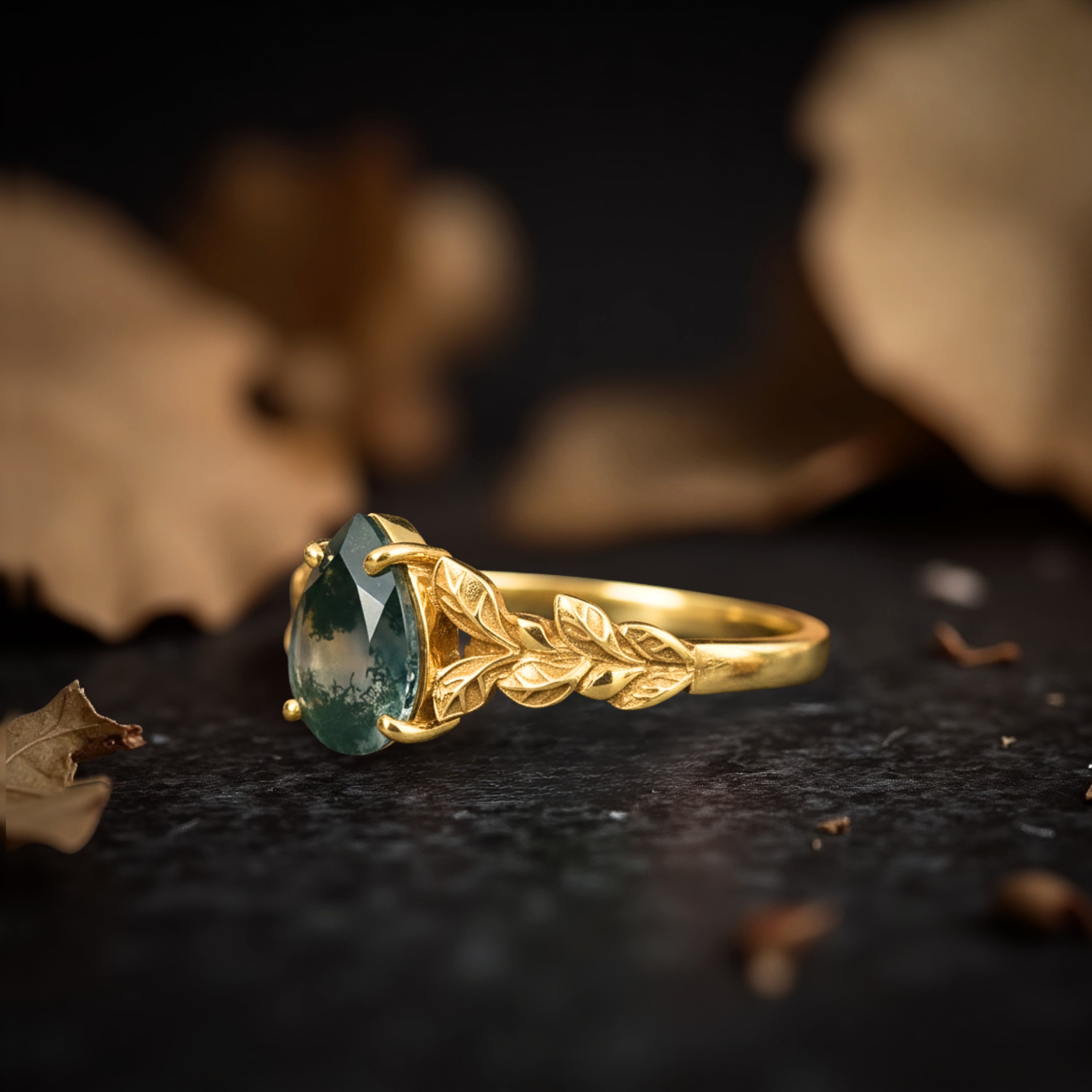 Vintage Drop Moss Agate Engagement Ring, Art deco Leaf Promise Ring, 14k Gold Branches Nature Inspired Ring, Anniversary Gift