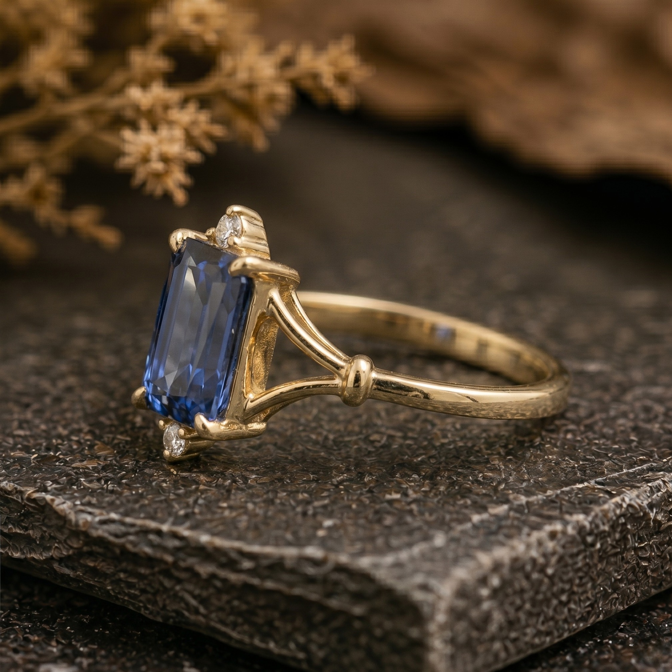 Emerald Cut Sapphire Wedding Ring, Natural Sapphire Moissanite Engagement Ring Real Vintage Bridal Jewelry, Anniversary Birthday Luxury Gift