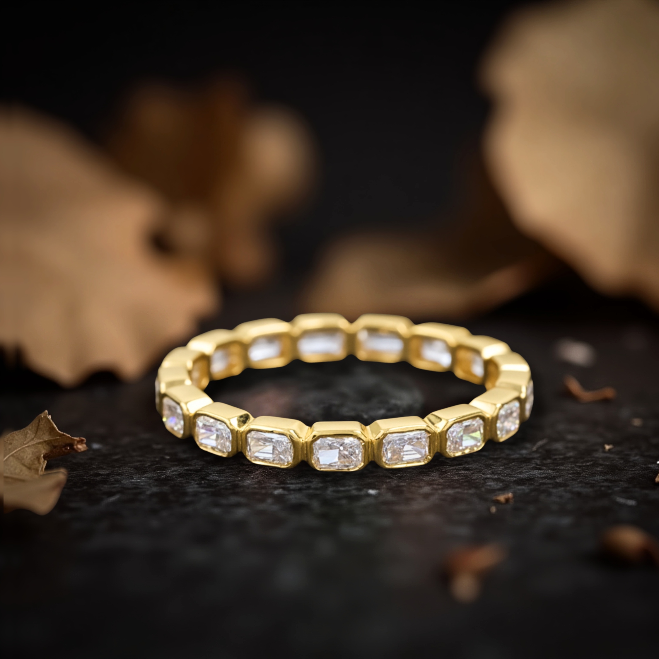 14k Solid Gold Moissanite Band Ring, East West Emerald Cut Moissanite Bezel Set Ring, Half Eternity Wedding Band, Stacking Minimalist Ring