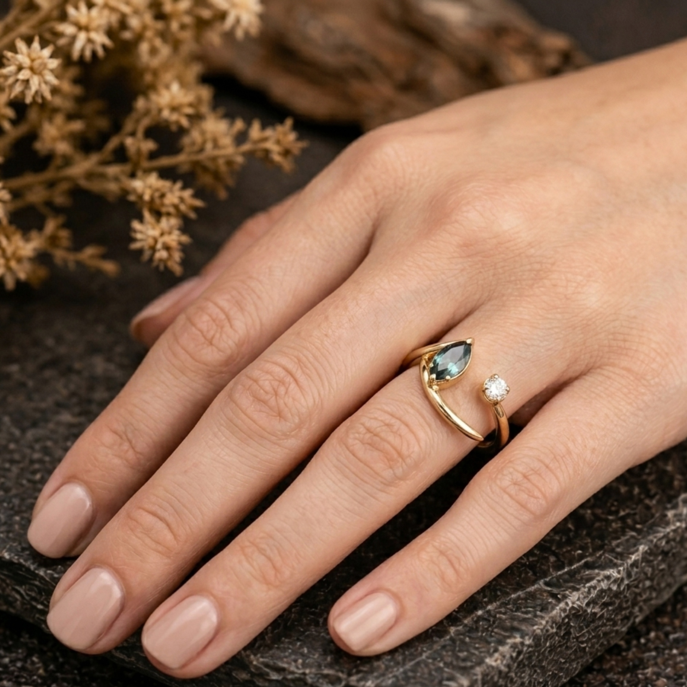 Unique Toi Et Moi Custom Two Stone Ring, Teal Sapphire Moissanite Curve Band, Dual Birthstone Minimalist Ring, Anniversary Birthday Gift