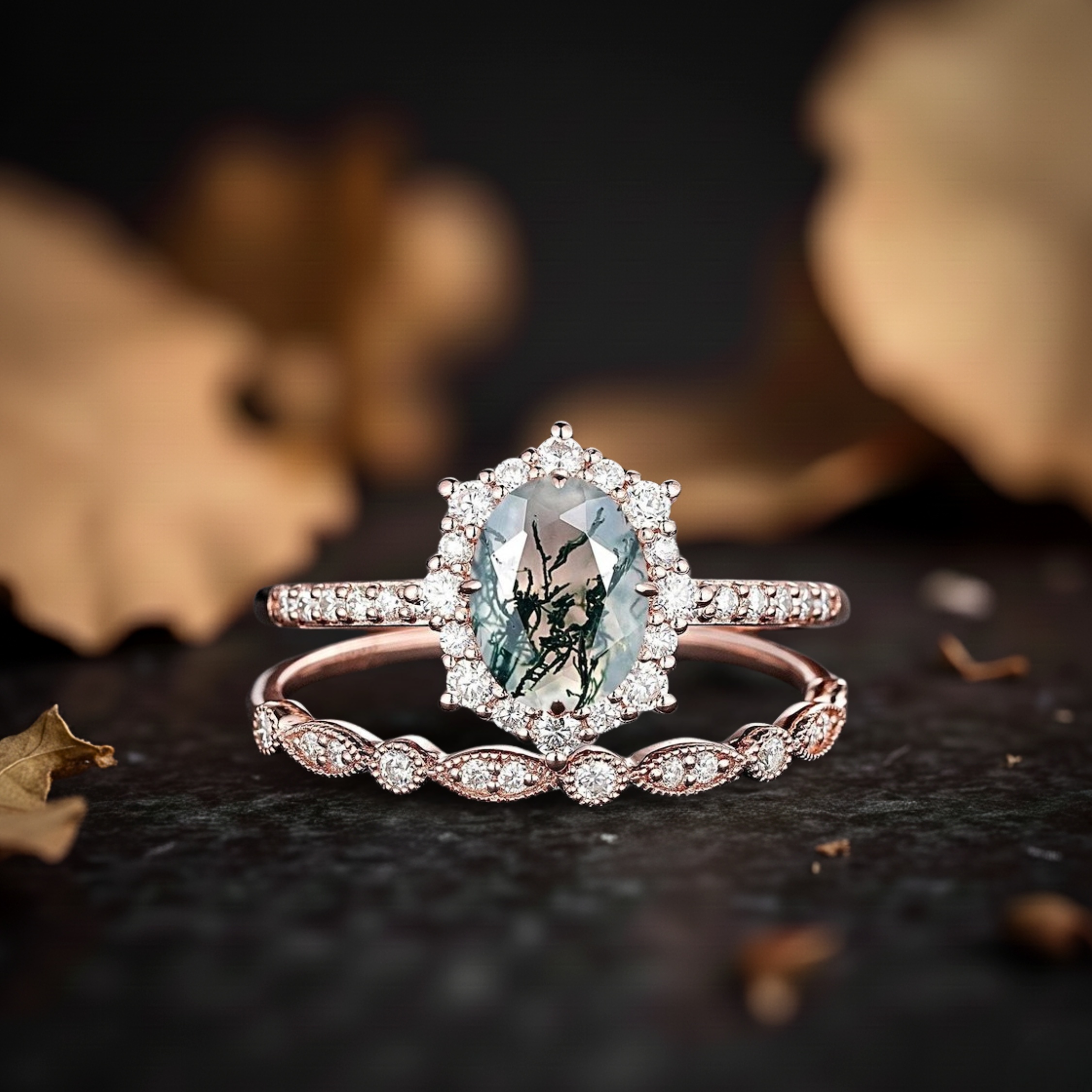 Vintage Moss Agate Halo Engagement Ring Set, Unique Rose Gold Oval Cut Wedding Set, Moss Agate Bridal Set Promise Ring Anniversary Ring Gift