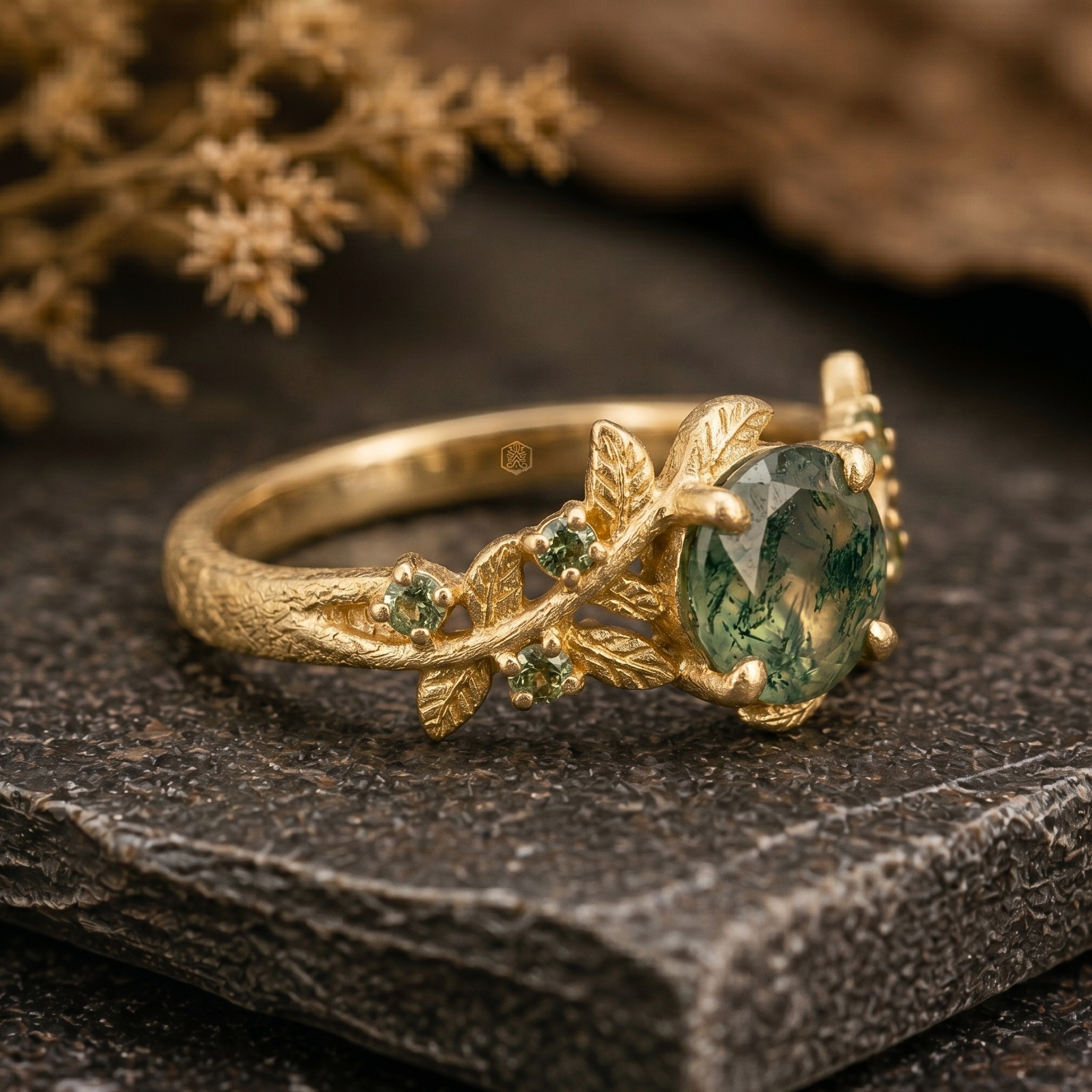 14K Solid Gold Nature Inspired Moss Agate Ring, Vintage Leaf Design Engagement Ring, Delicate Green Agate Wedding Ring, Promise Gift For Her