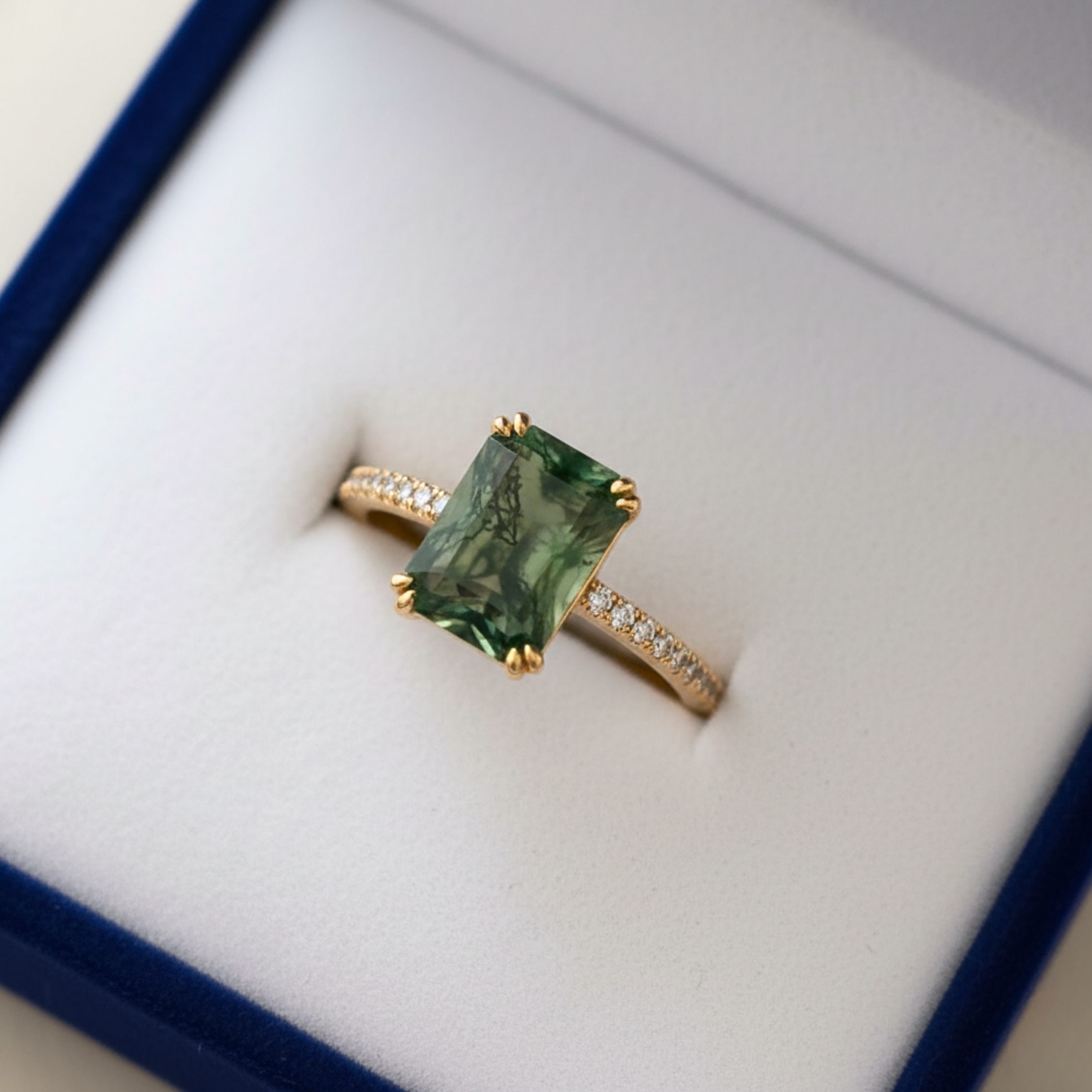 Unique Vintage Emerald Cut Moss Agate Ring Solid 14k Yellow Gold Promise Ring Art Deco Bezel Setting Engagement Ring Bridal Jewelry Gift