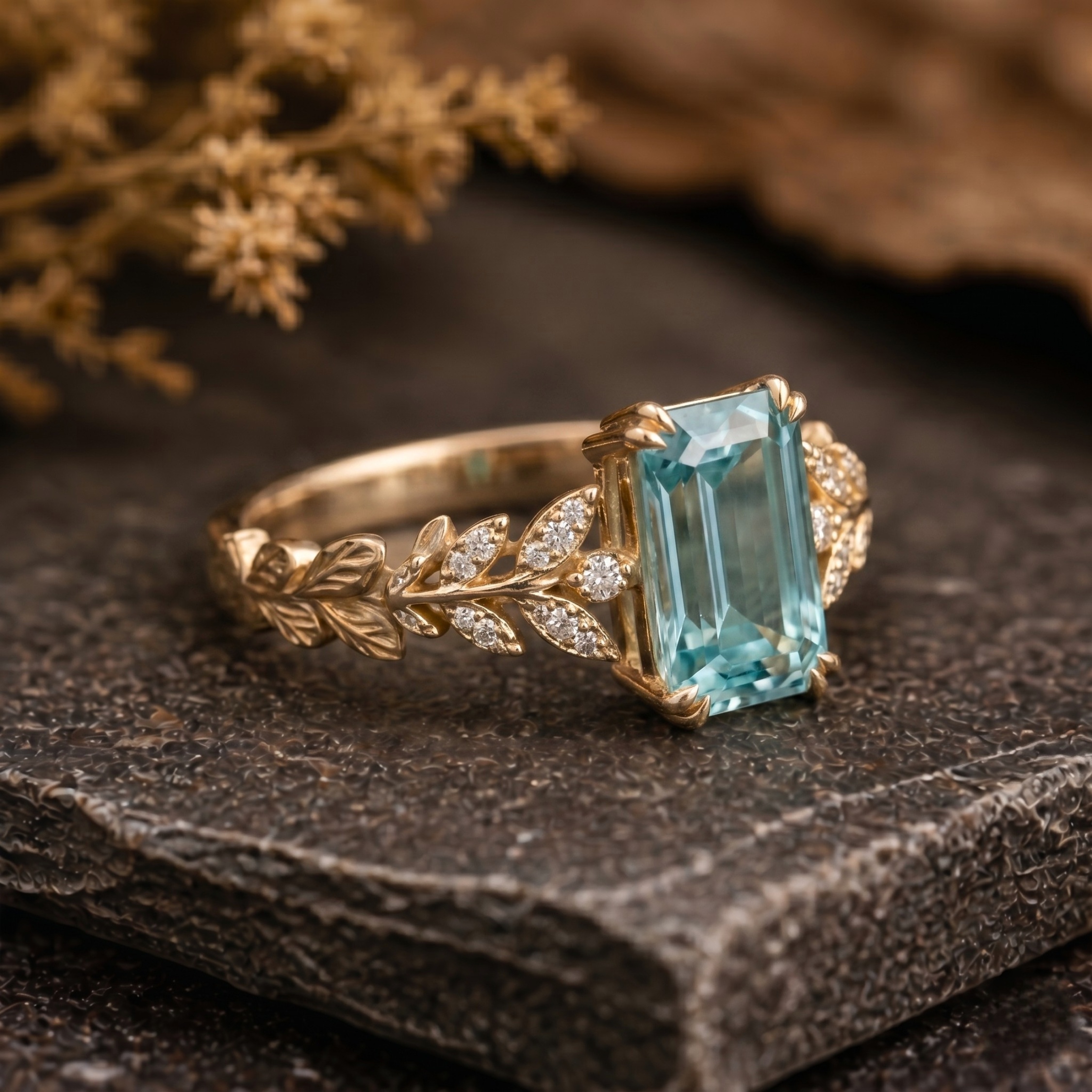 Emerald Cut Leaf Aquamarine Engagement Ring, Olive Branch Floral Thick Marriage Ring, Bridal Nature Inspired Leafy Ring For Women Vine Ring