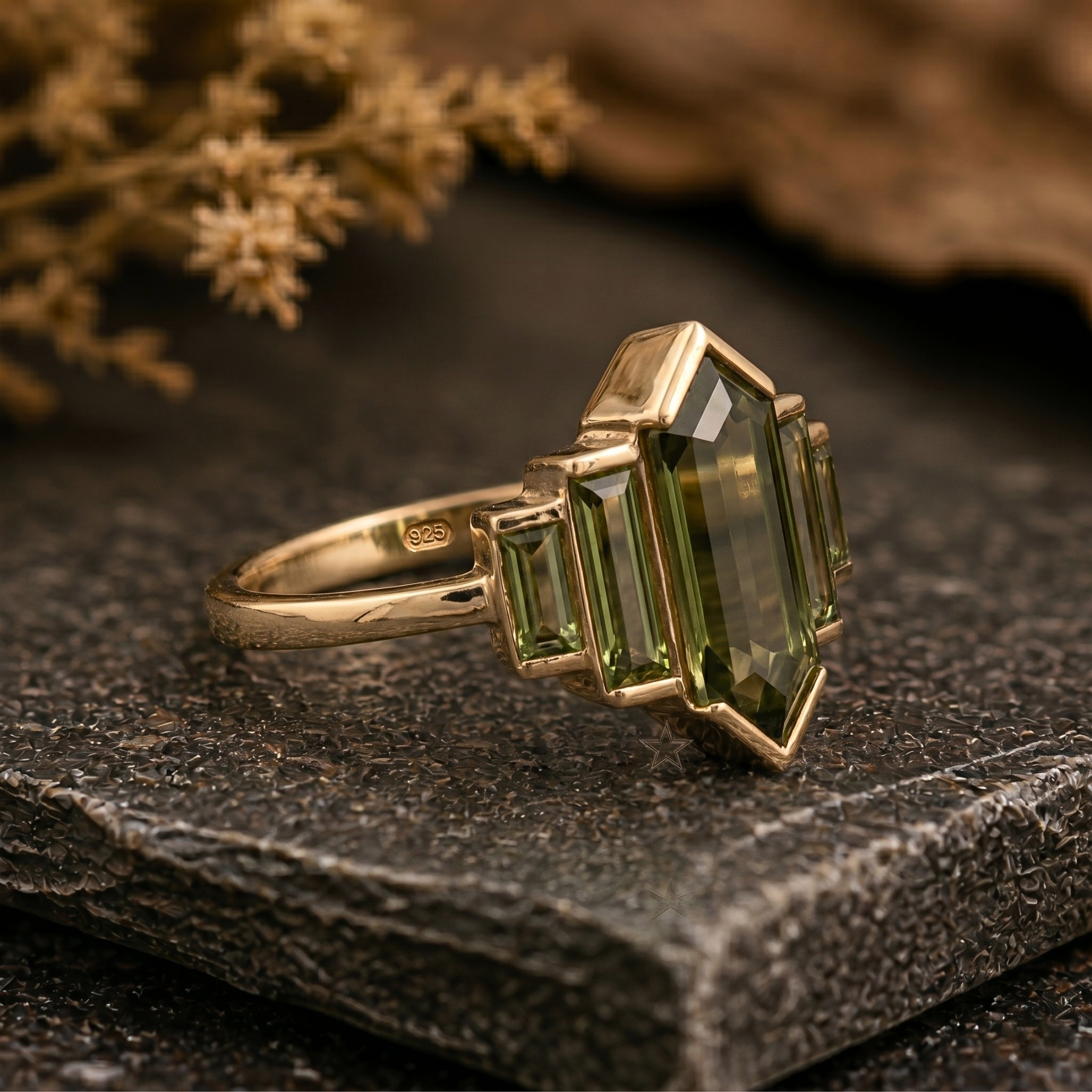 Vintage Long Hexagon Cut Green Amethyst Ring, Art Deco Baguette Amethyst Engagement Ring, Promise Bridal Jewelry For Her, Anniversary Gift