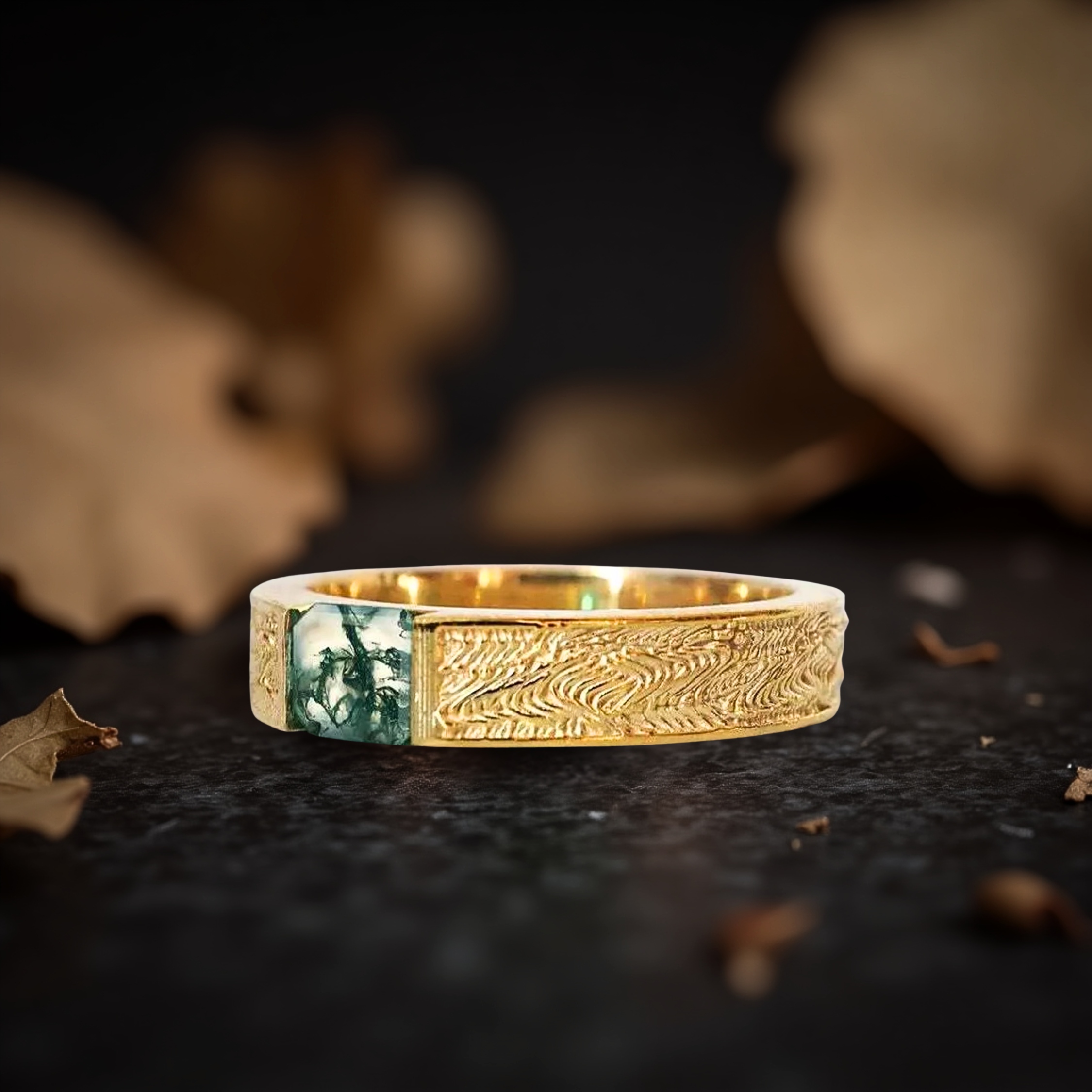Handmade Emerald Cut Moss Agate Wedding Band, 14k Solid Gold Nature Inspired Leaf Design Ring