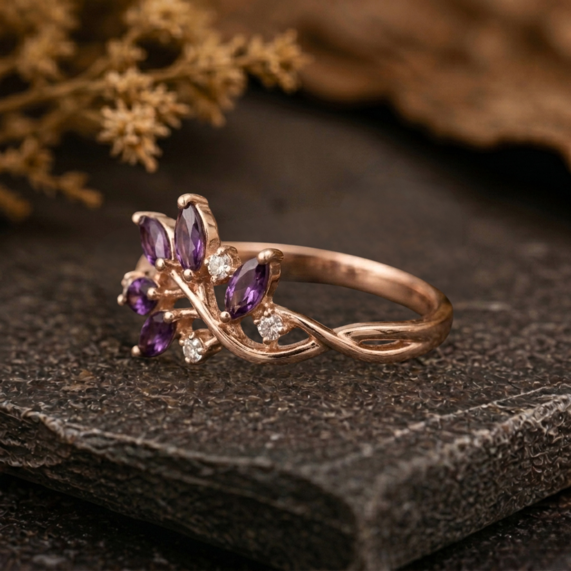 Vintage Purple Amethyst Engagement Ring, Amethyst 14K Wedding Ring, Bohemian Nature Inspired Engagement Ring, Diamond Ring, Anniversary Gift