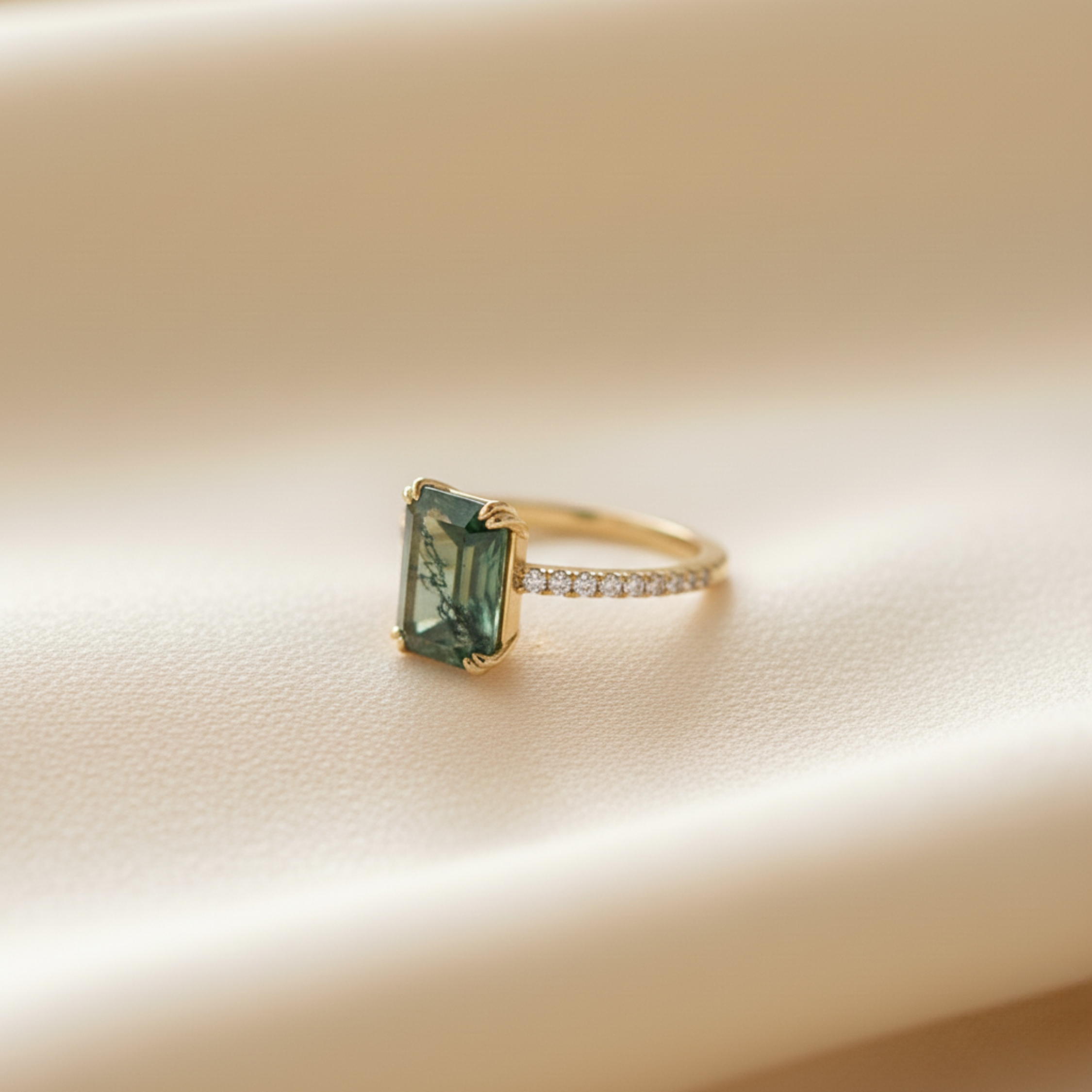 Unique Vintage Emerald Cut Moss Agate Ring Solid 14k Yellow Gold Promise Ring Art Deco Bezel Setting Engagement Ring Bridal Jewelry Gift