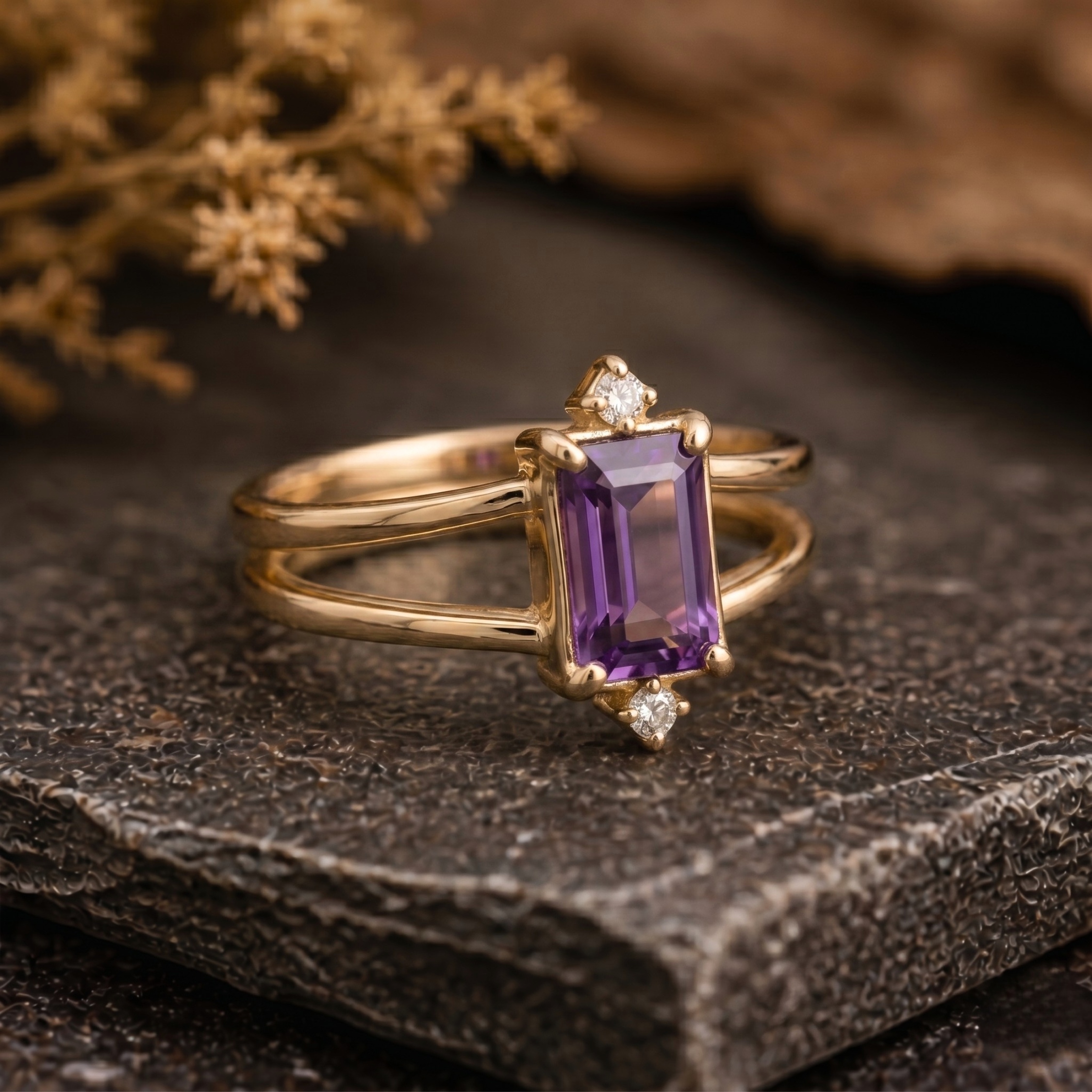 Amethyst Emerald Cut Solid Yellow Gold Engagement Women’s Ring | Moissanite Ring Fantasy Wedding Bridal Jewelry | Double Band Promise Gift