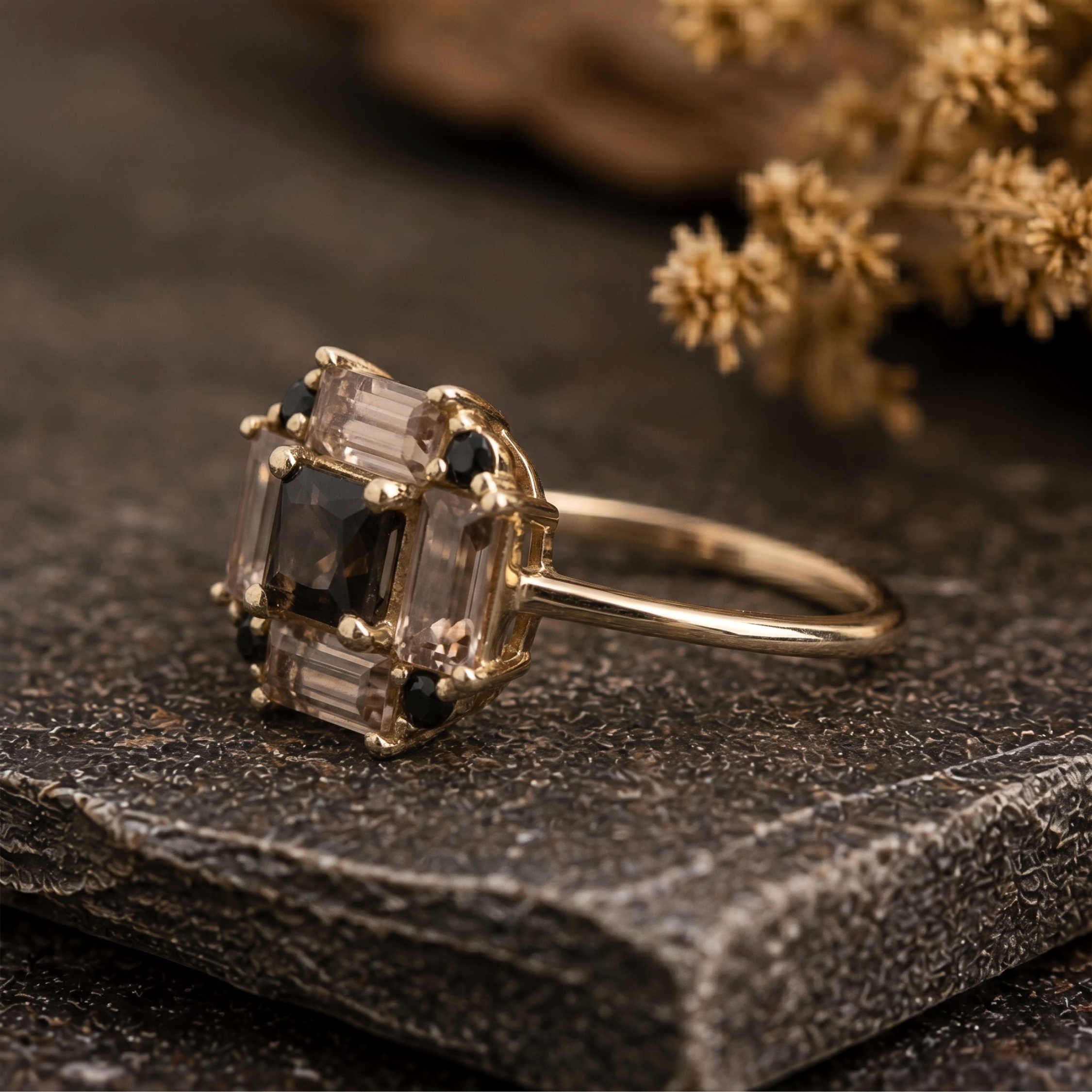 Natural Black Onyx & Smokey Quartz Engagement Ring/Art Deco Minimalist Onyx-Quartz Gemstone Jewelry/Black-Gemstone Anniversary Gift For Her