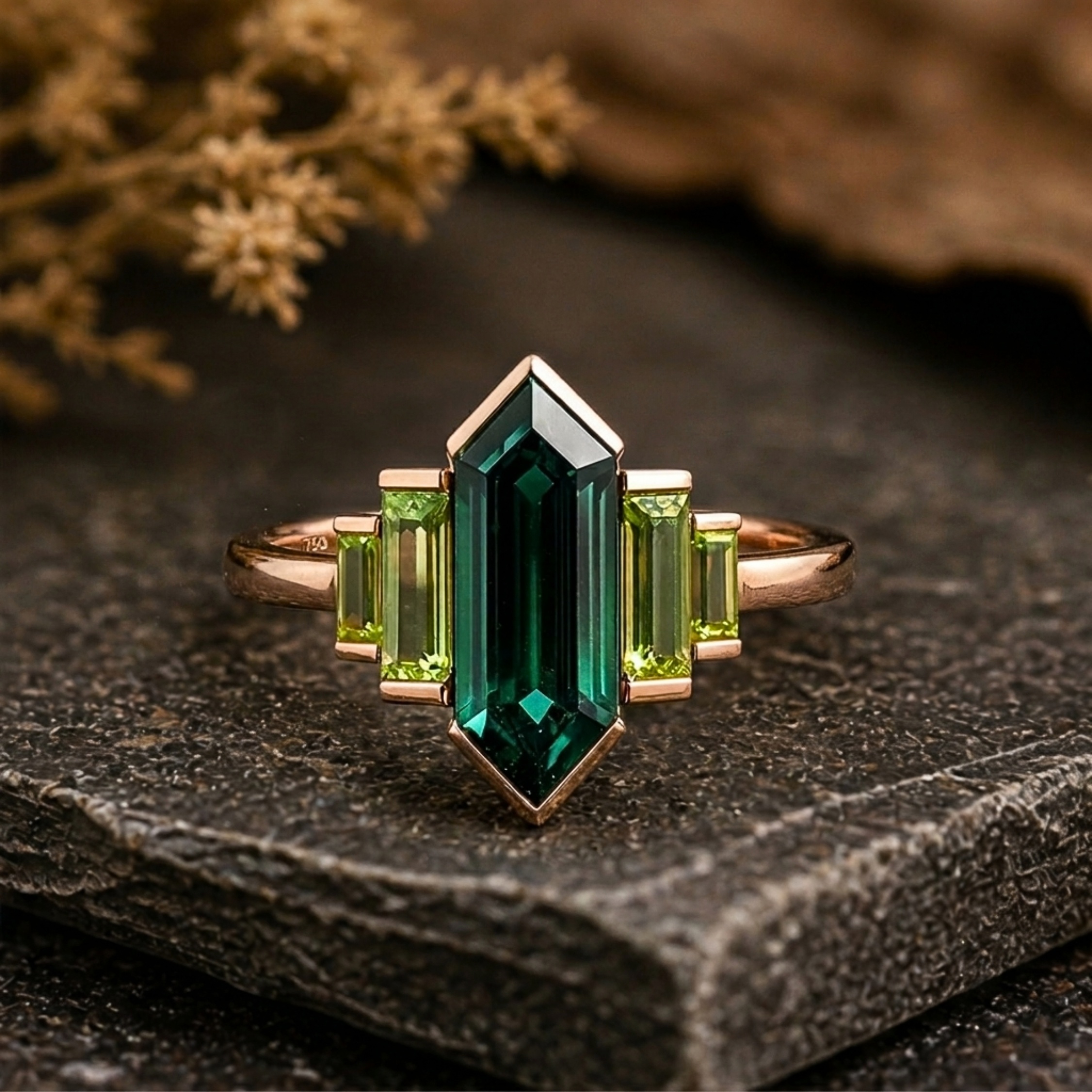 Vintage Hexagon Cut Green Emerald & Baguette Cut Peridot Wedding Ring, 18K Rose Gold Engagement Ring, Promise Bridal Jewelry Gift For Women