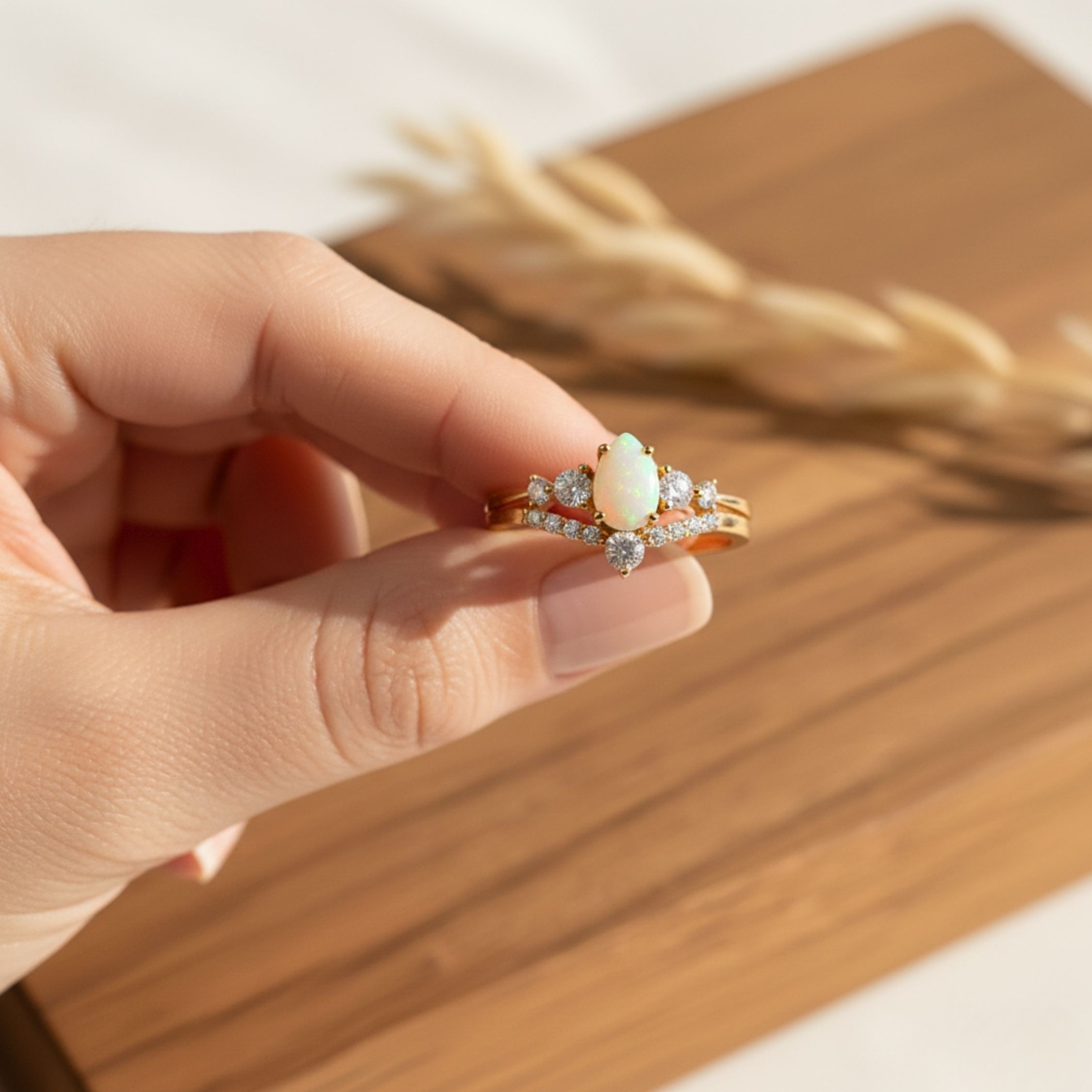 Natural Pear Cut Opal Engagement Ring Set 14K Gold Vermeil Wedding Bridal Ring October Birthstone Ring Alternative Engagement Gift For Women