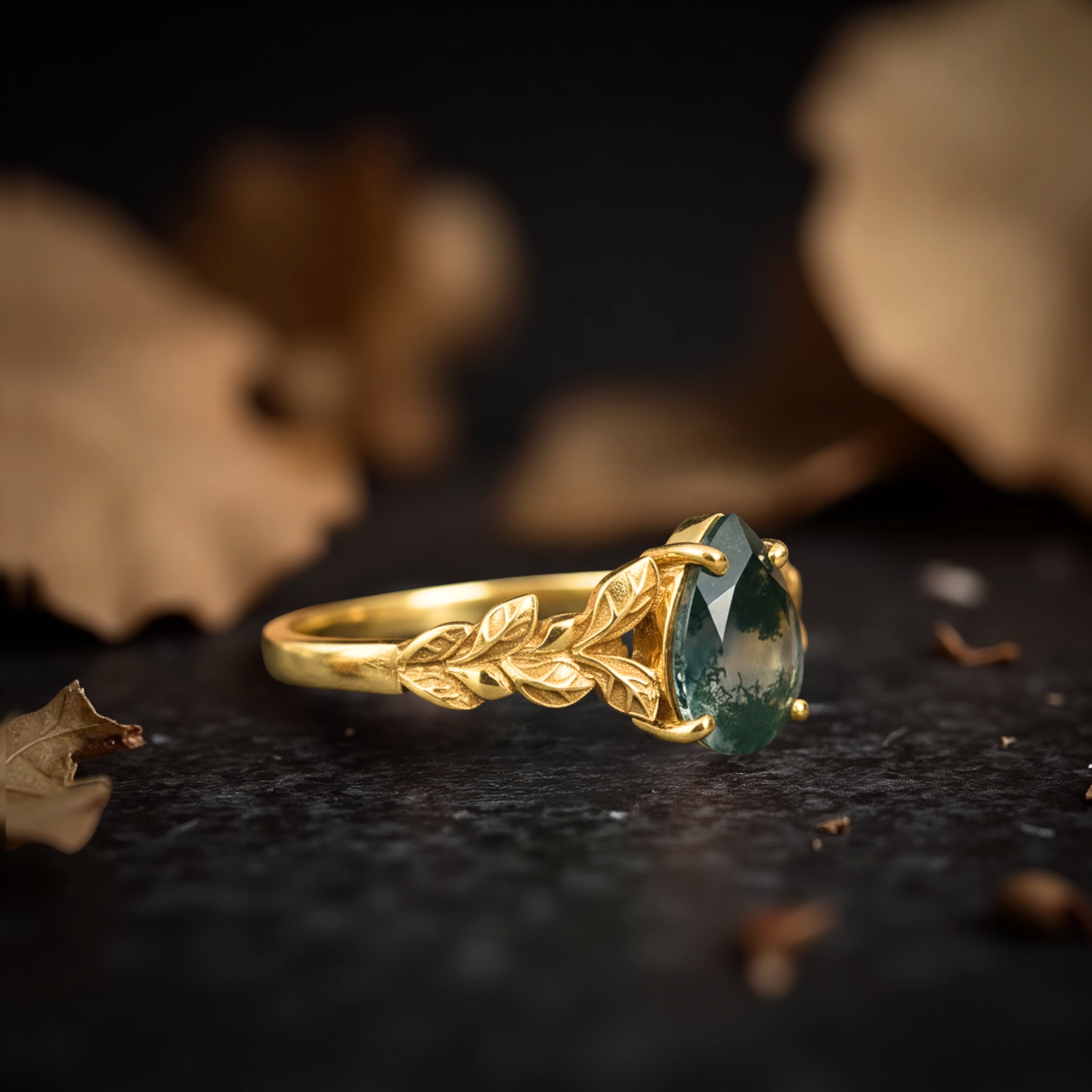 Vintage Drop Moss Agate Engagement Ring, Art deco Leaf Promise Ring, 14k Gold Branches Nature Inspired Ring, Anniversary Gift