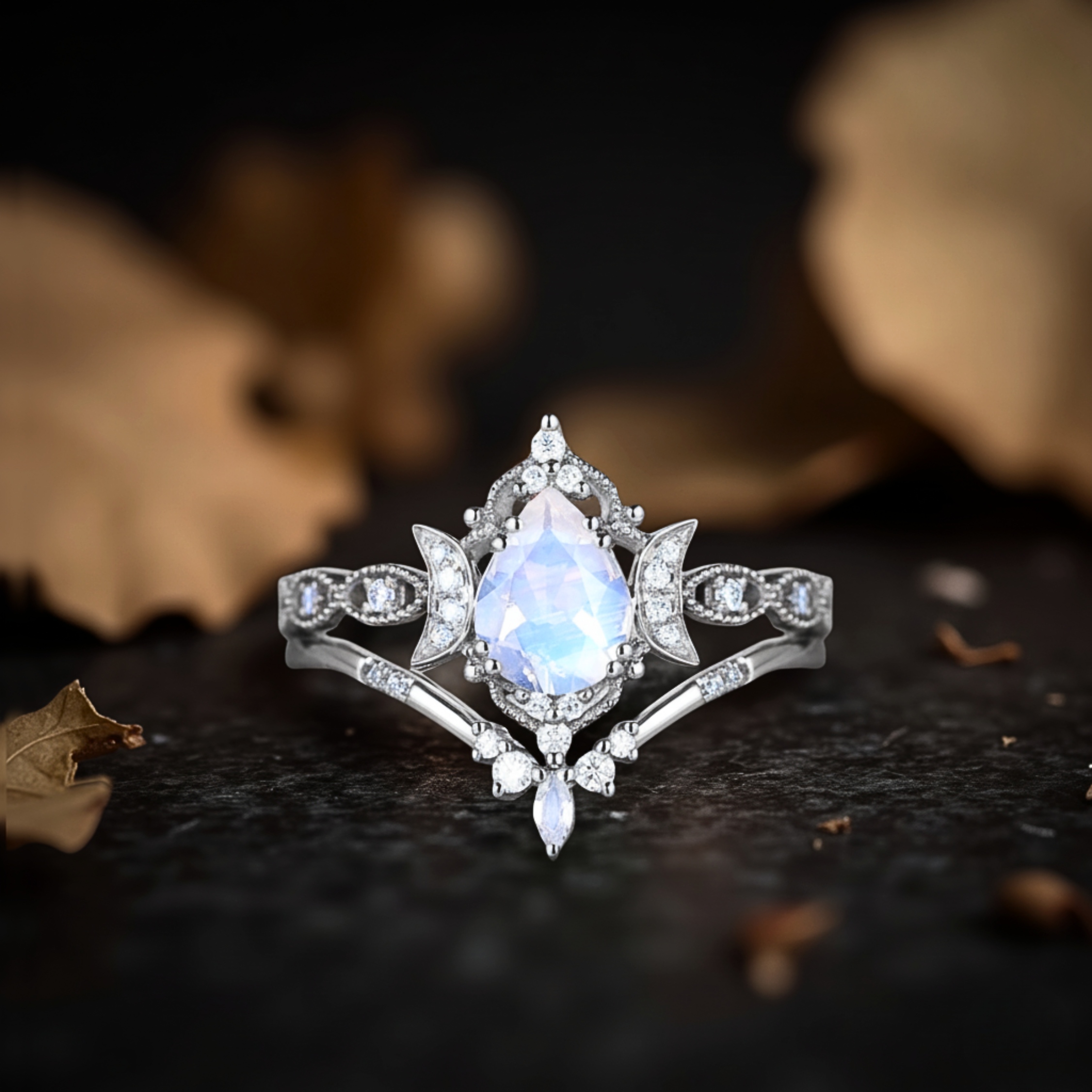 Vintage Vine Half Moon Pear Cut Moonstone Engagement Ring Unique Sterling Silver Floral Cluster Bridal Wedding Ring Set Promise Gift For Her