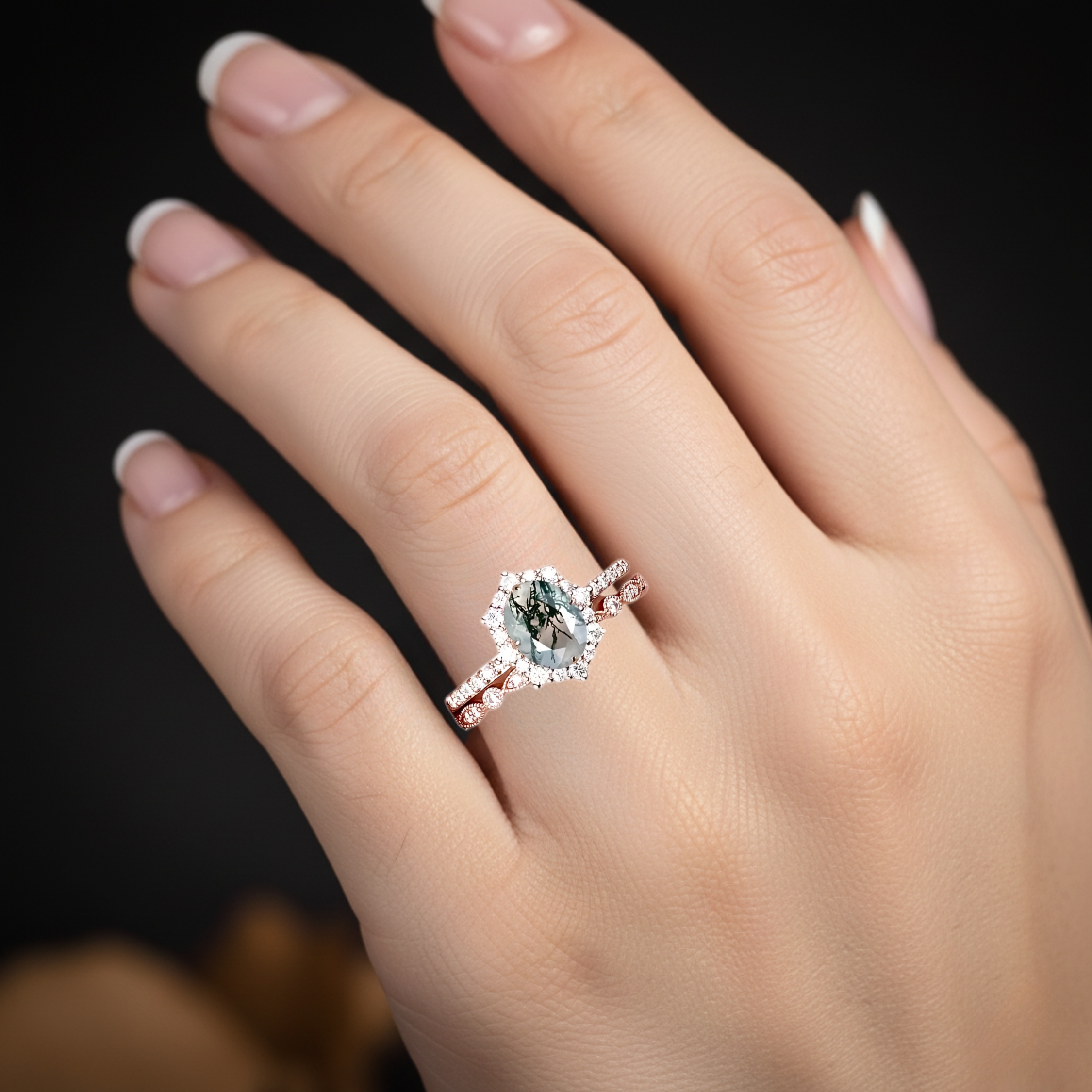 Vintage Moss Agate Halo Engagement Ring Set, Unique Rose Gold Oval Cut Wedding Set, Moss Agate Bridal Set Promise Ring Anniversary Ring Gift