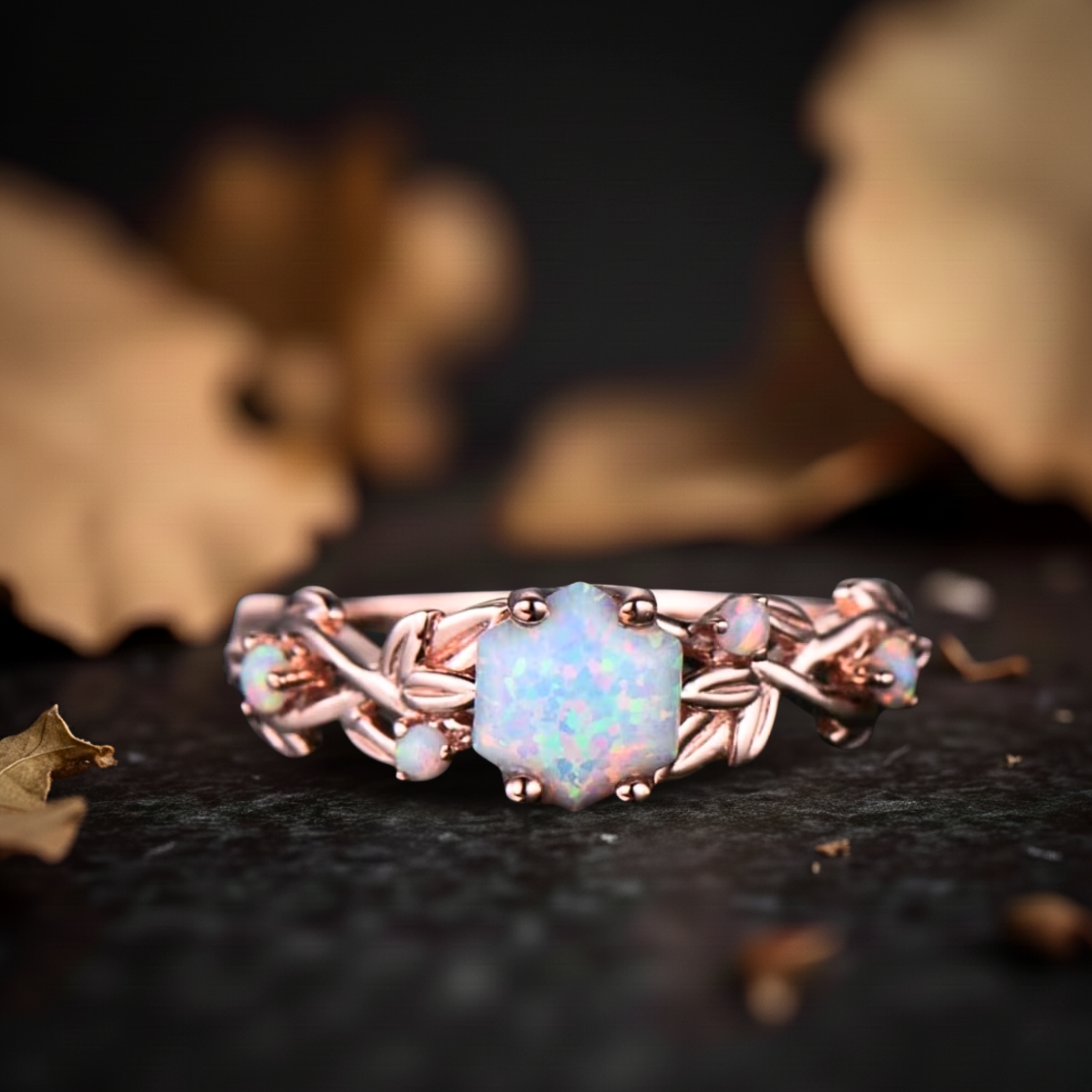 Vintage Hexagon Cut Twig Opal Engagement Ring, White Opal Gold Leaf Ring, October Birthstone Ring, Promise Ring, Anniversary Gift For Women