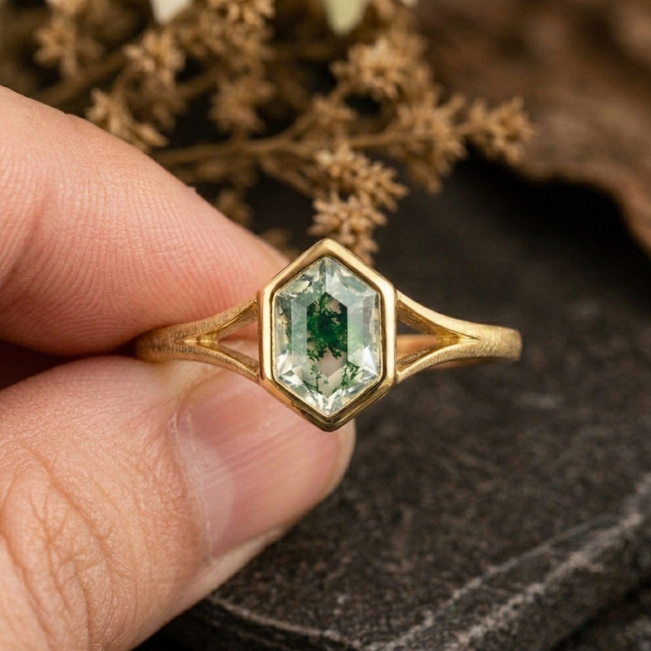 Vintage Art Deco Bezel Setting Moss Agate Ring, 14k Yellow Gold Promise Ring, Hexagon Cut Green Agate Engagement Ring, Promise Bridal Gift