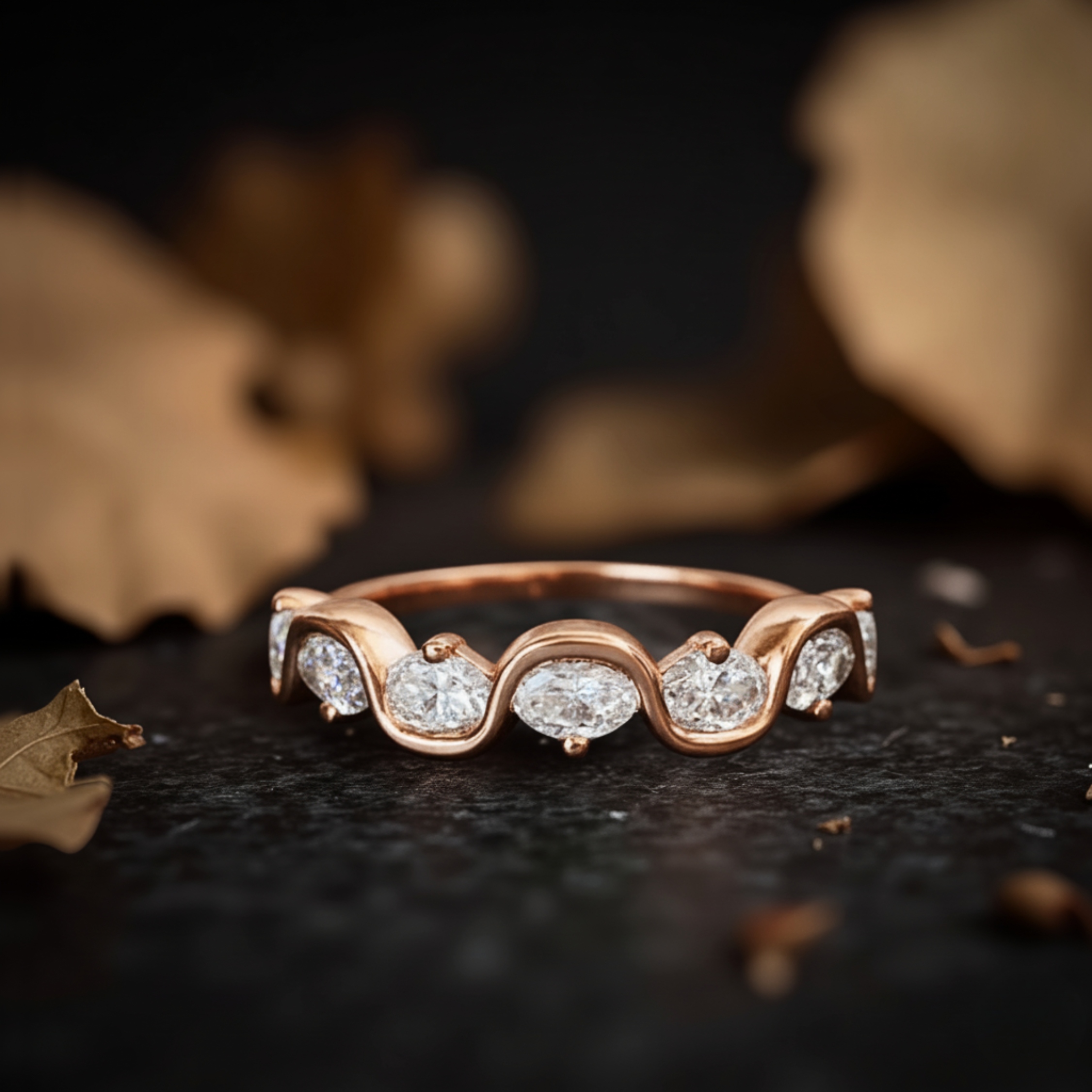 Oval Moissanite Wedding Band Alternating Solid Gold Eternity Band Dainty Stackable Minimalist Ring Bridal Anniversary Band Wave Diamond Band