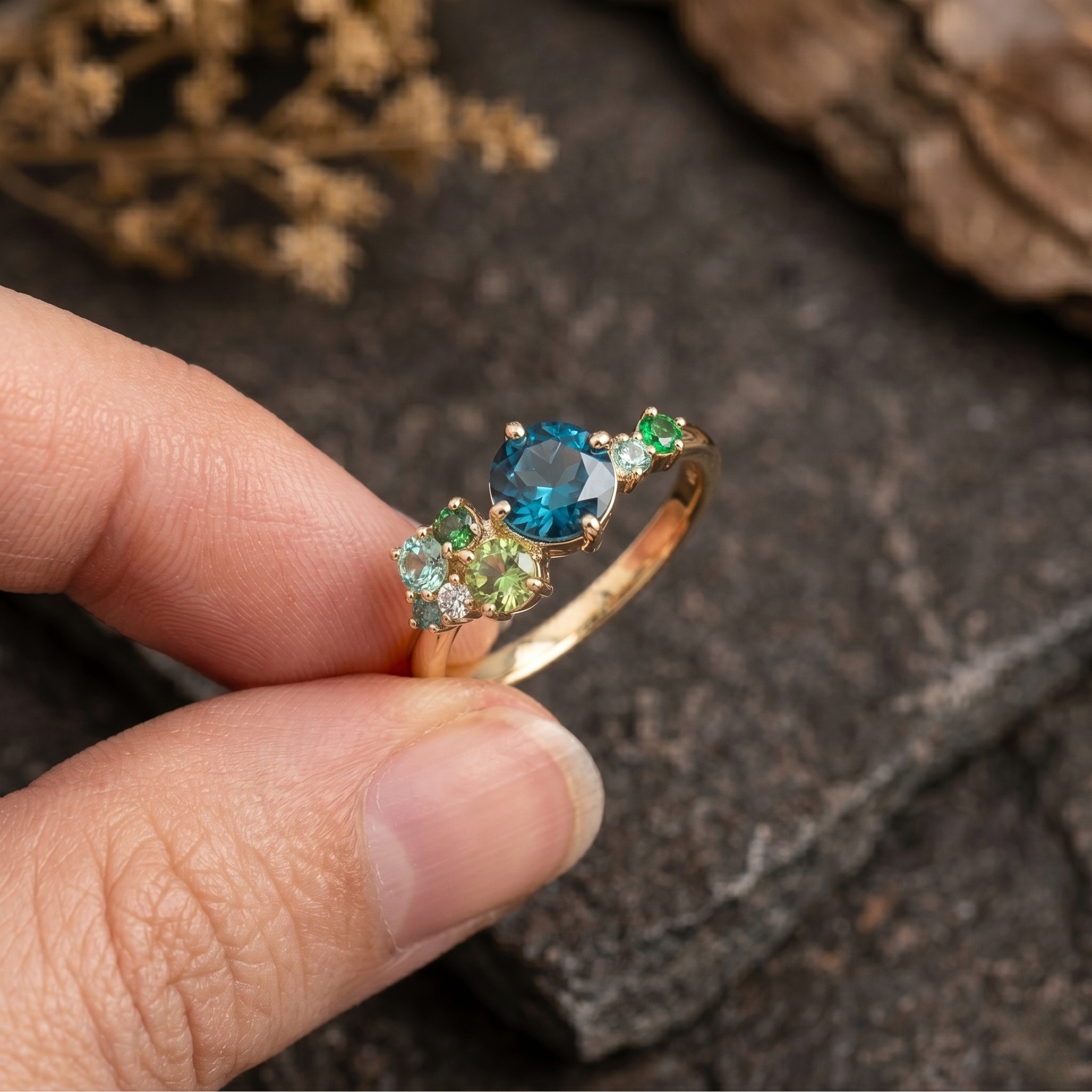 Blue Topaz Sapphire & Diamond Cluster Ring her, Multi-Cluster Sapphire Engagement Ring, Mixed Stone Cluster Ring, Teal Sapphire Bridal Ring