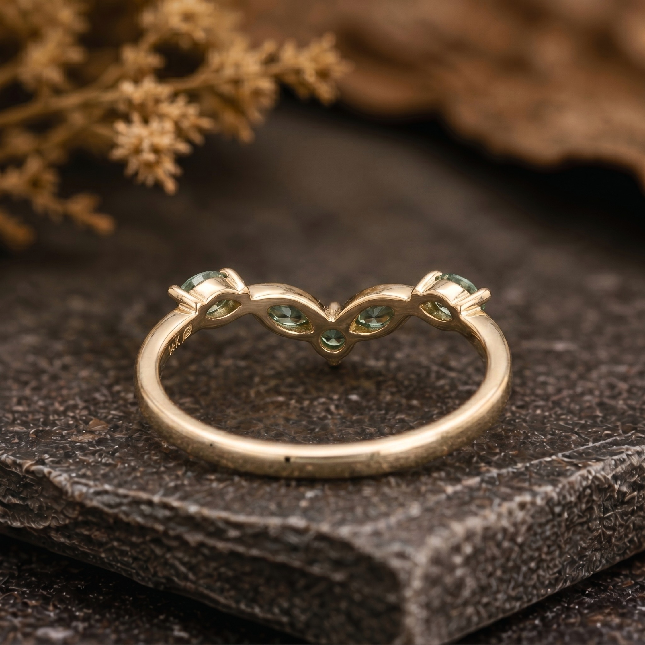 Marquise Cut Green Sapphire Curved Wedding Band/14k Yellow Gold Engagement Ring/Cluster Teal sapphire Matching ring/Anniversary Promise ring