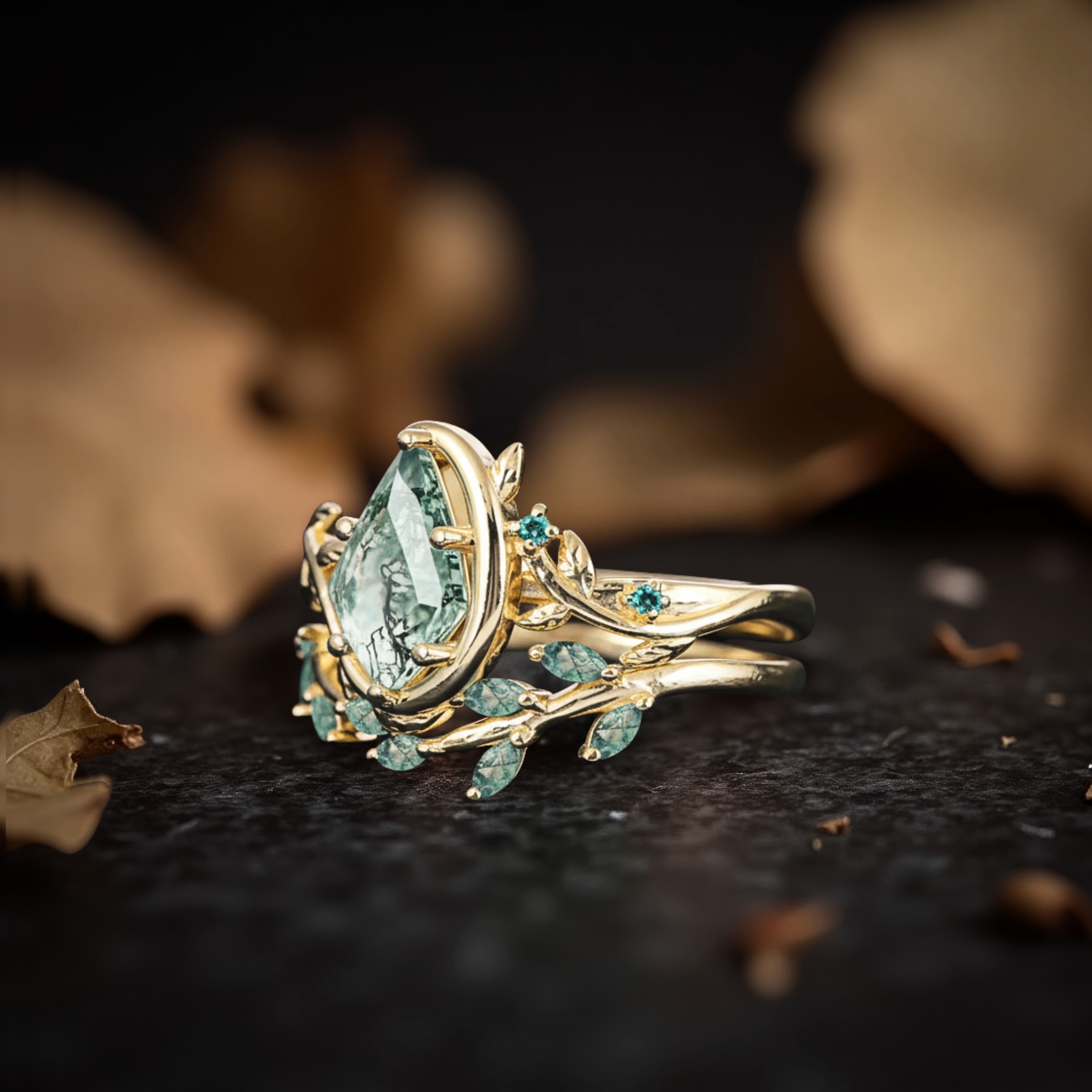 Vintage Kite Moss Agate Engagement Ring Set 14k Solid Gold Leaf Women Moon Green Gemstone Ring Bridal Set Promise Ring Anniversary Gift
