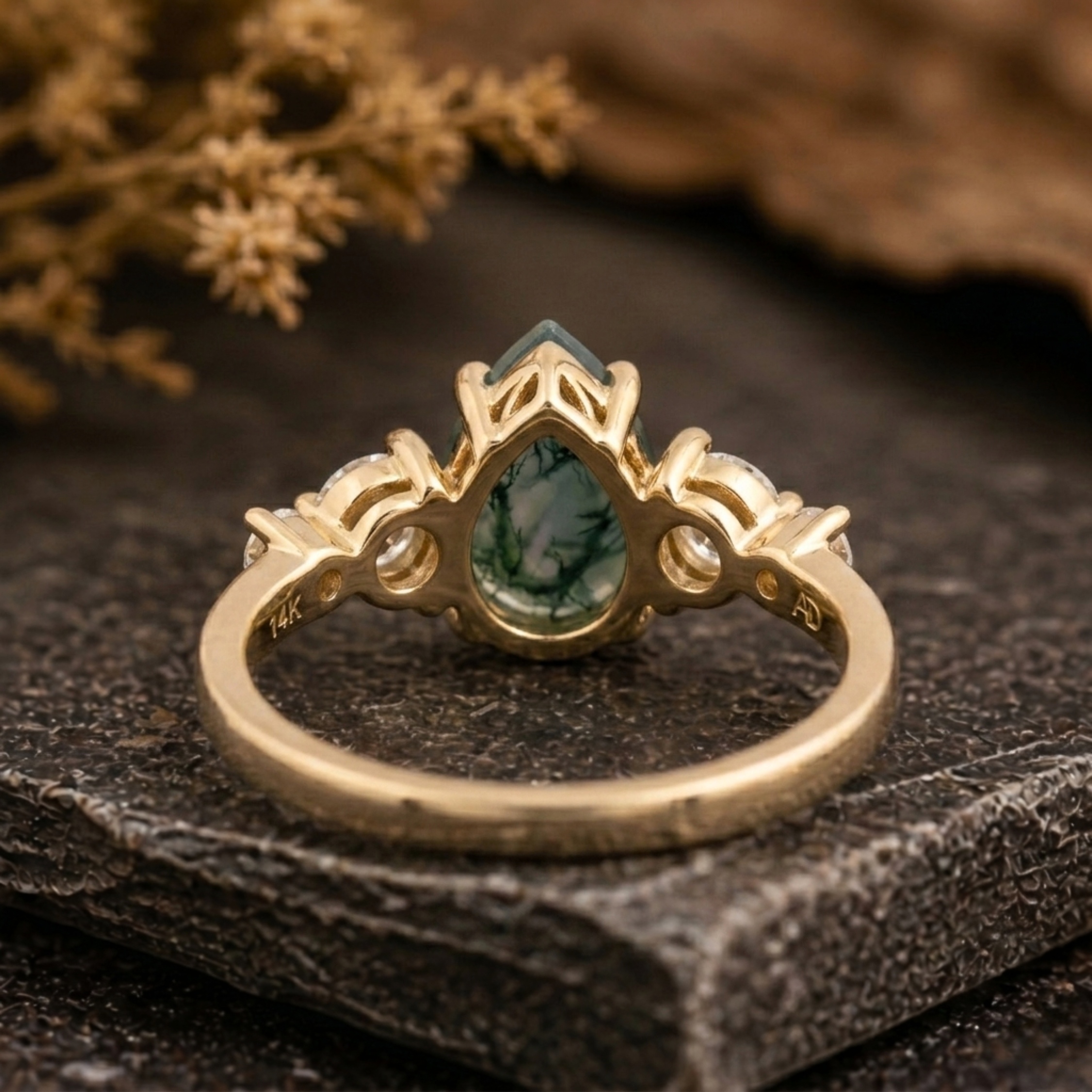 Vintage Pear Cut Moss Agate Engagement Ring, 14k Gold Moissanite Promise Wedding Bridal Jewelry, Agate Anniversary Birthday Gifts for Her
