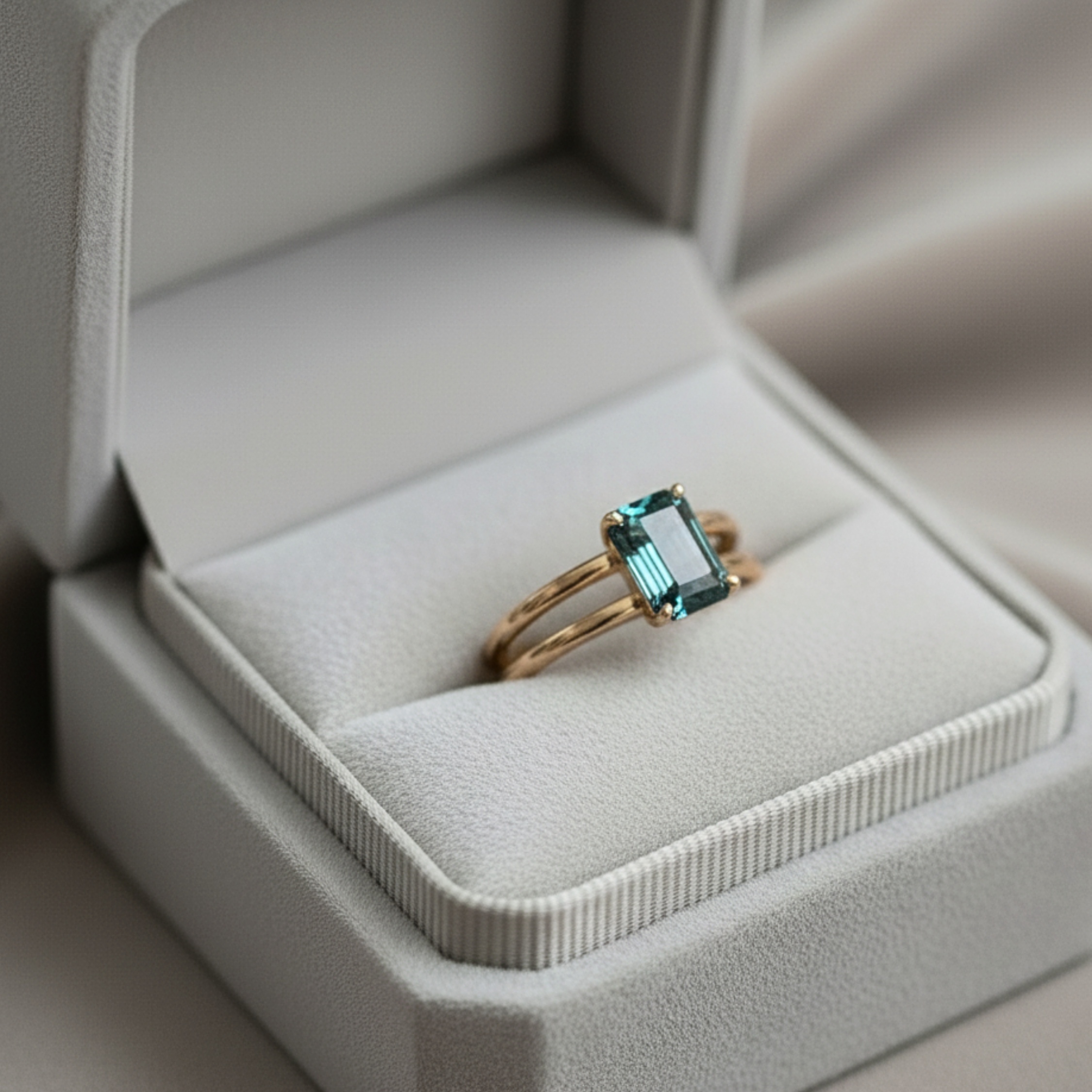 Unique Teal Sapphire Emerald Cut Engagement Ring, Vintage 14k Solid Gold Solitaire Double Band Bridal Wedding Ring, Art Deco Promise Ring