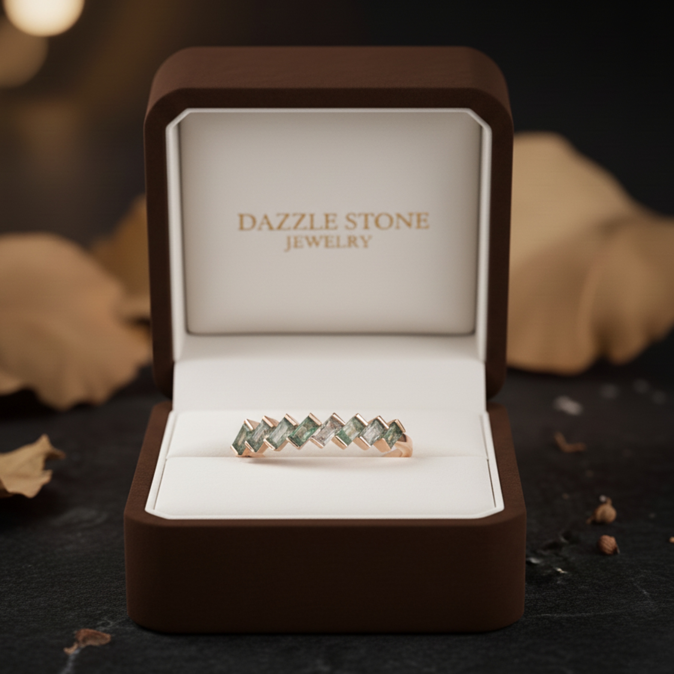 Vintage Baguette Cut Moss Agate Wedding Band Unique Rose Gold Engagement Ring Minimalist Half Eternity Bridal Matching Promise Band For Her