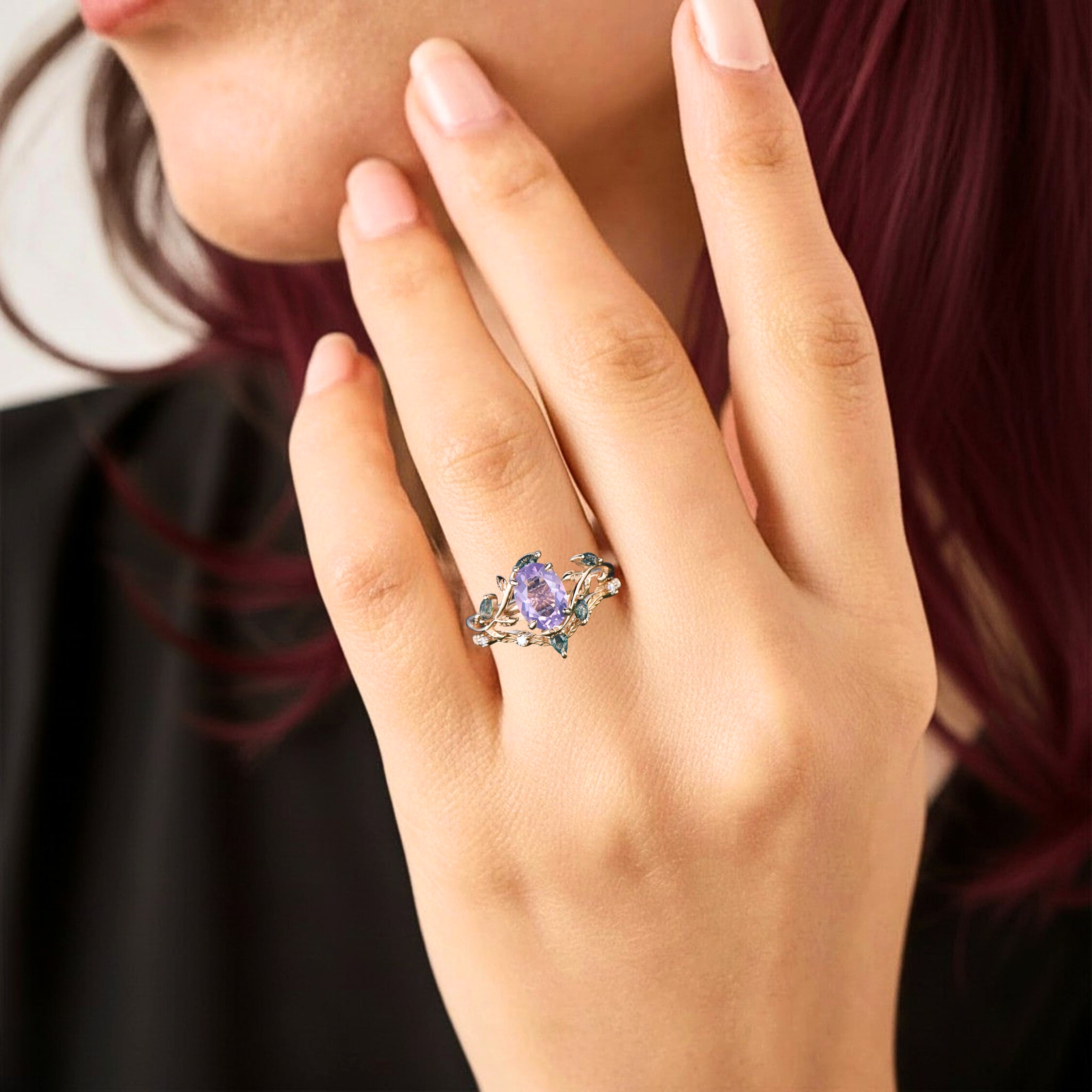 Vintage Nature Inspired Oval Cut Lavender Amethyst Engagement Ring, 14k Solid Gold Cluster leaf Bridal Wedding Ring Set, Gift For Women