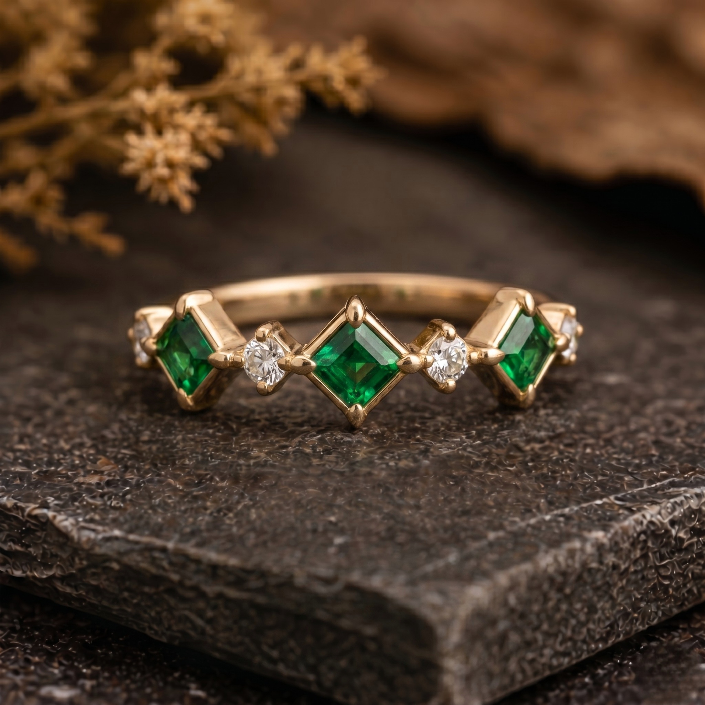 Unique Square Cut Emerald Moissanite Wedding Band/14k Yellow Gold Engagement Ring/Cluster Green Gemstone Matching Anniversary Promise Gift