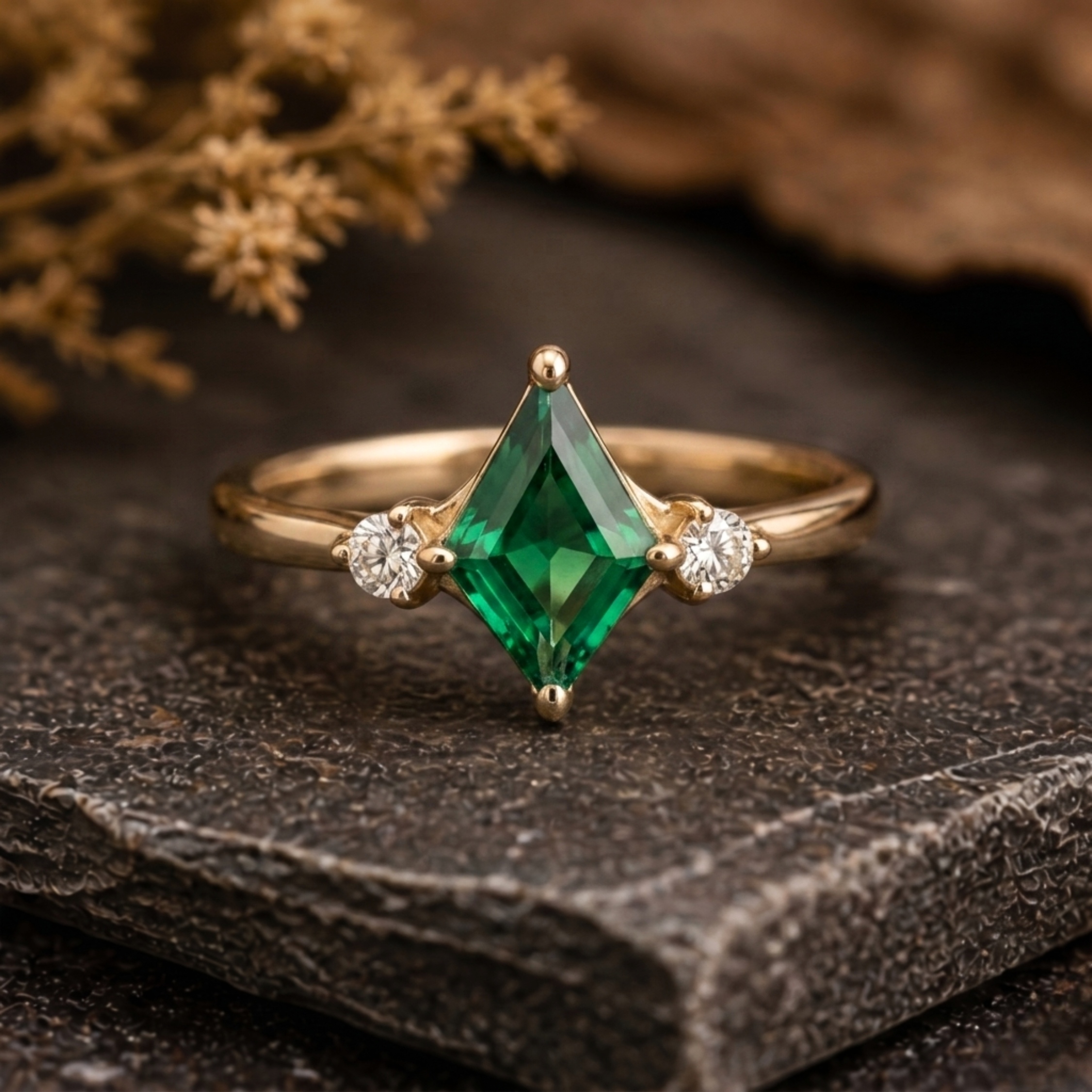 Unique Kite Cut Emerald Ring, 14k Gold Dainty Three Stone Engagement Ring, Moissanite Bridal Matching Jewelry Anniversary Birthday Gift Ring